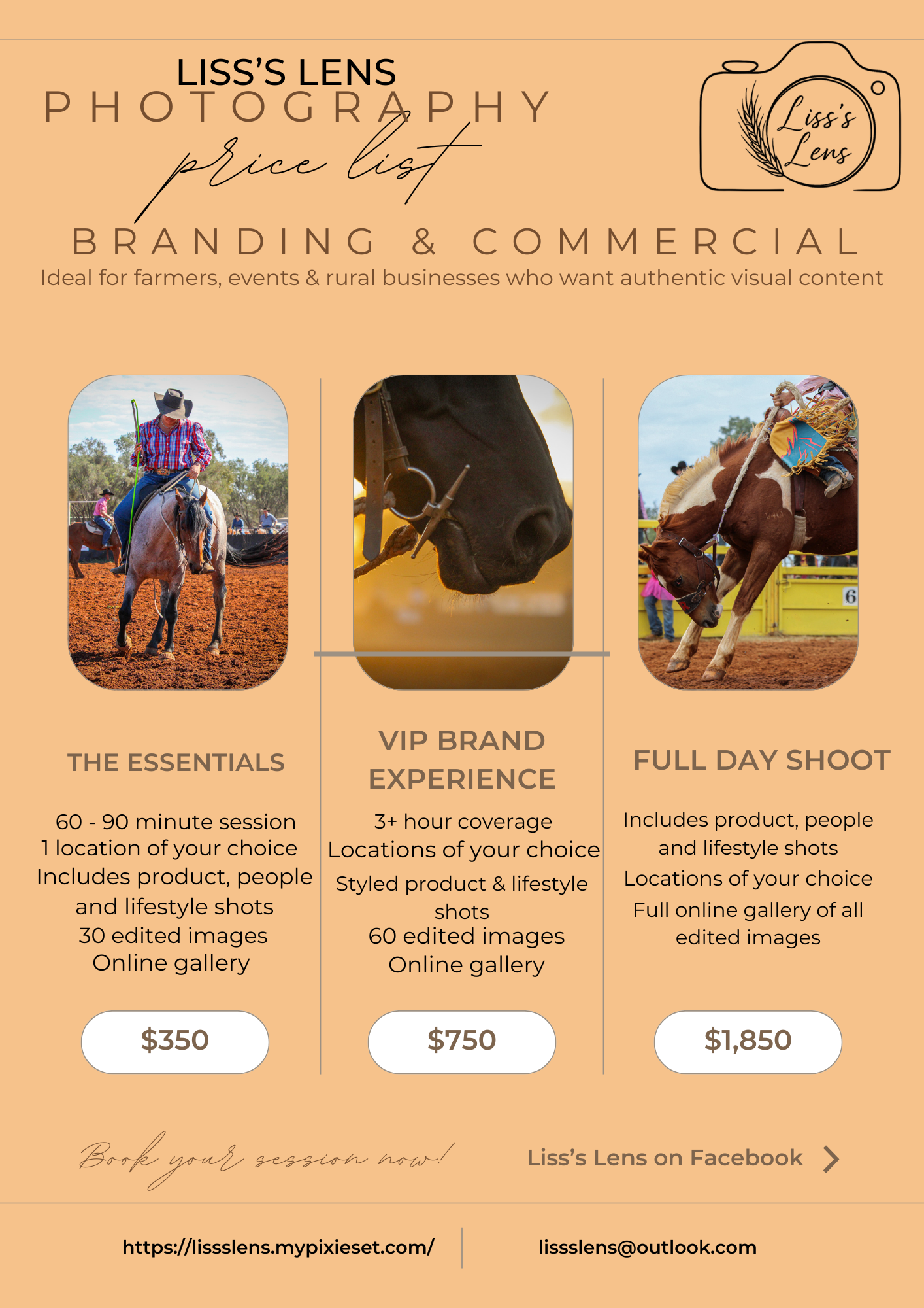 Photography pricing guide shows different packages for branding and commercial shoots with rustic farm-themed design elements.