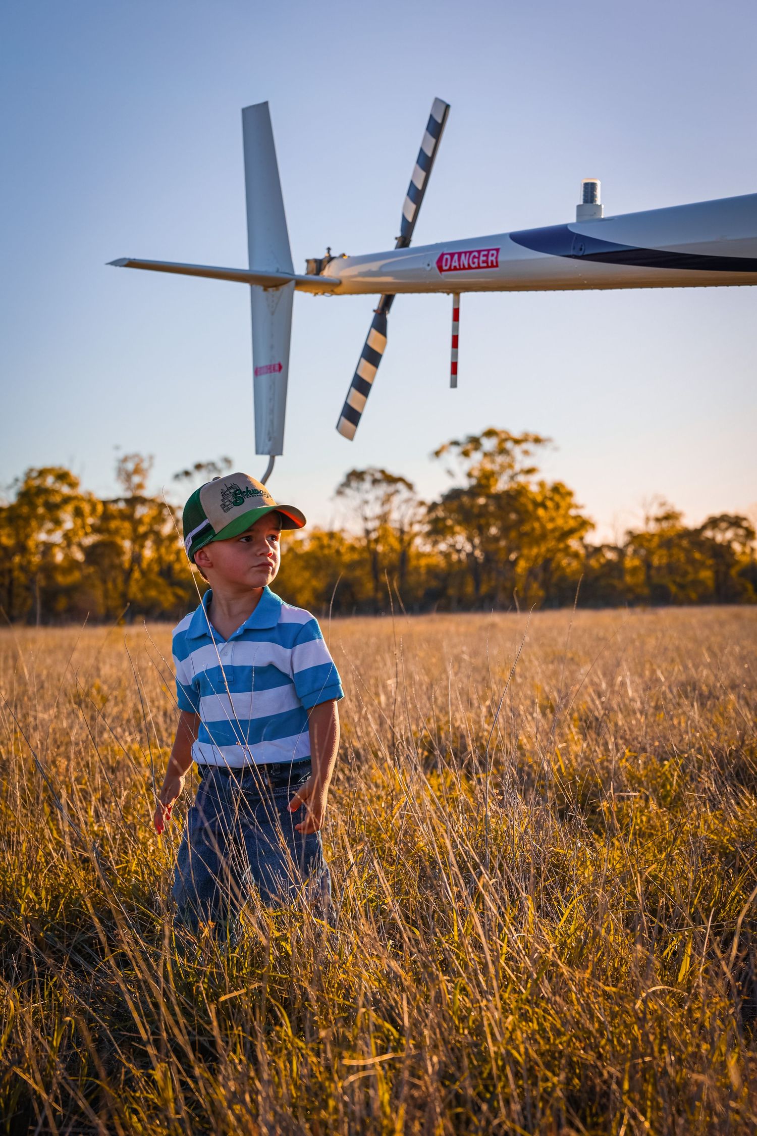 A person flies a remote control airplane in a golden wheat field at sunset.