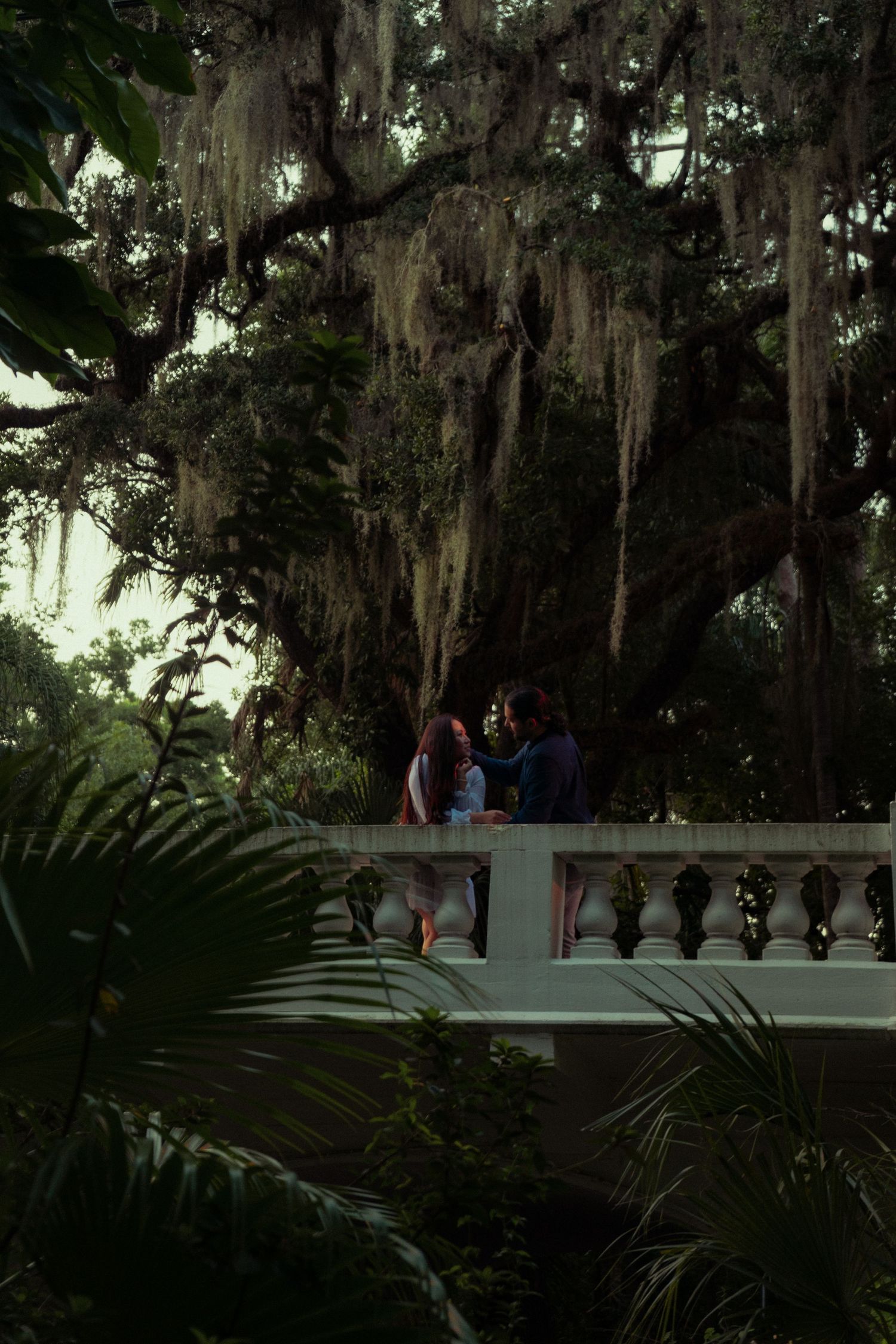 Couple standing together on a white balustrade balcony beneath dramatic Spanish moss-draped oak trees.