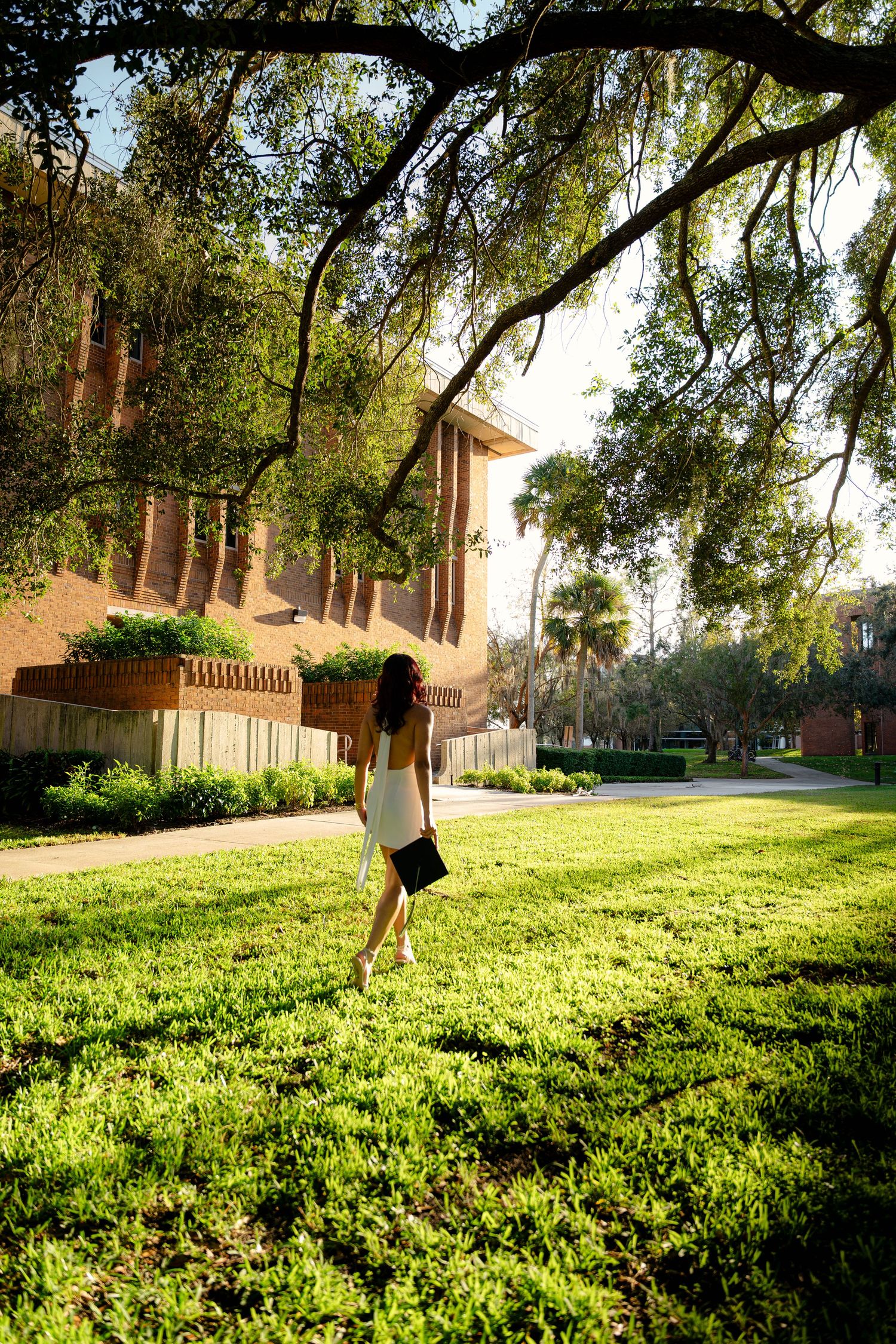 Graduate in white dress walks across sunlit green campus lawn carrying graduation cap at UCF.