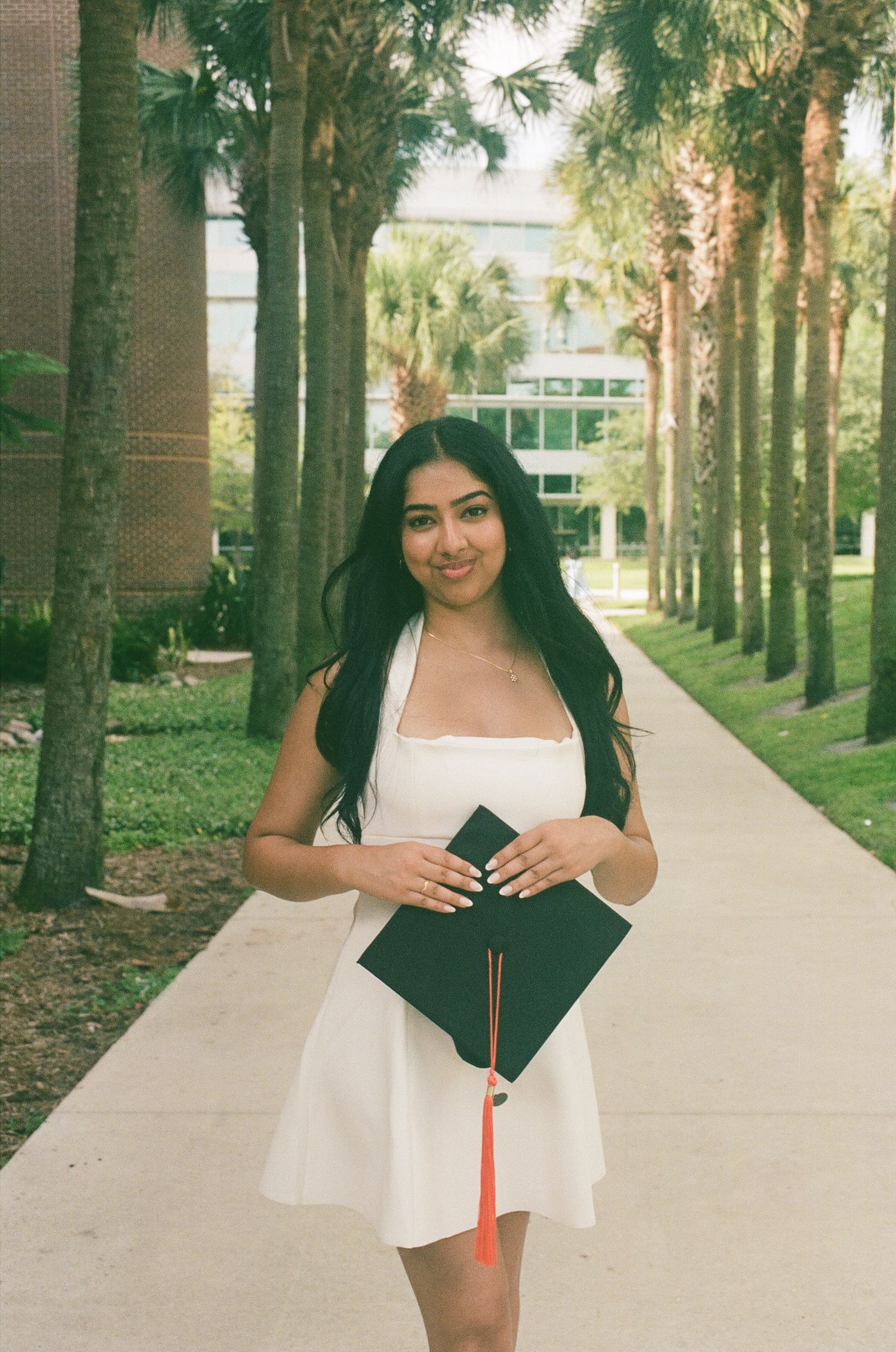 Young woman in white dress holding graduation cap with red tassel, posing on palm tree-lined campus walkway.