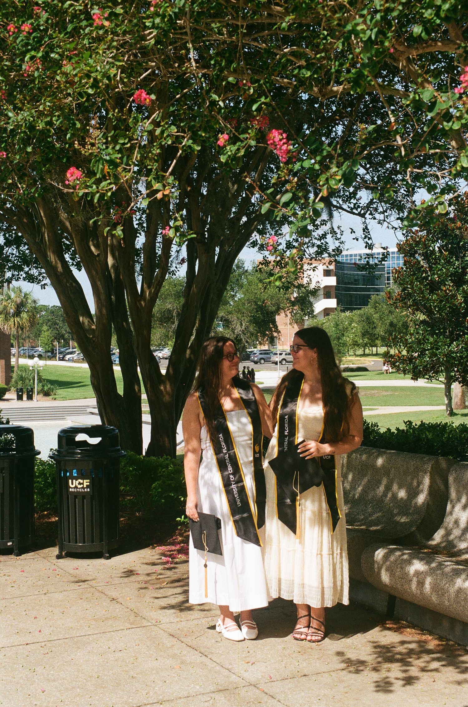 Two UCF graduates in white dresses and black sashes celebrate outdoors near flowering trees on a sunny day.