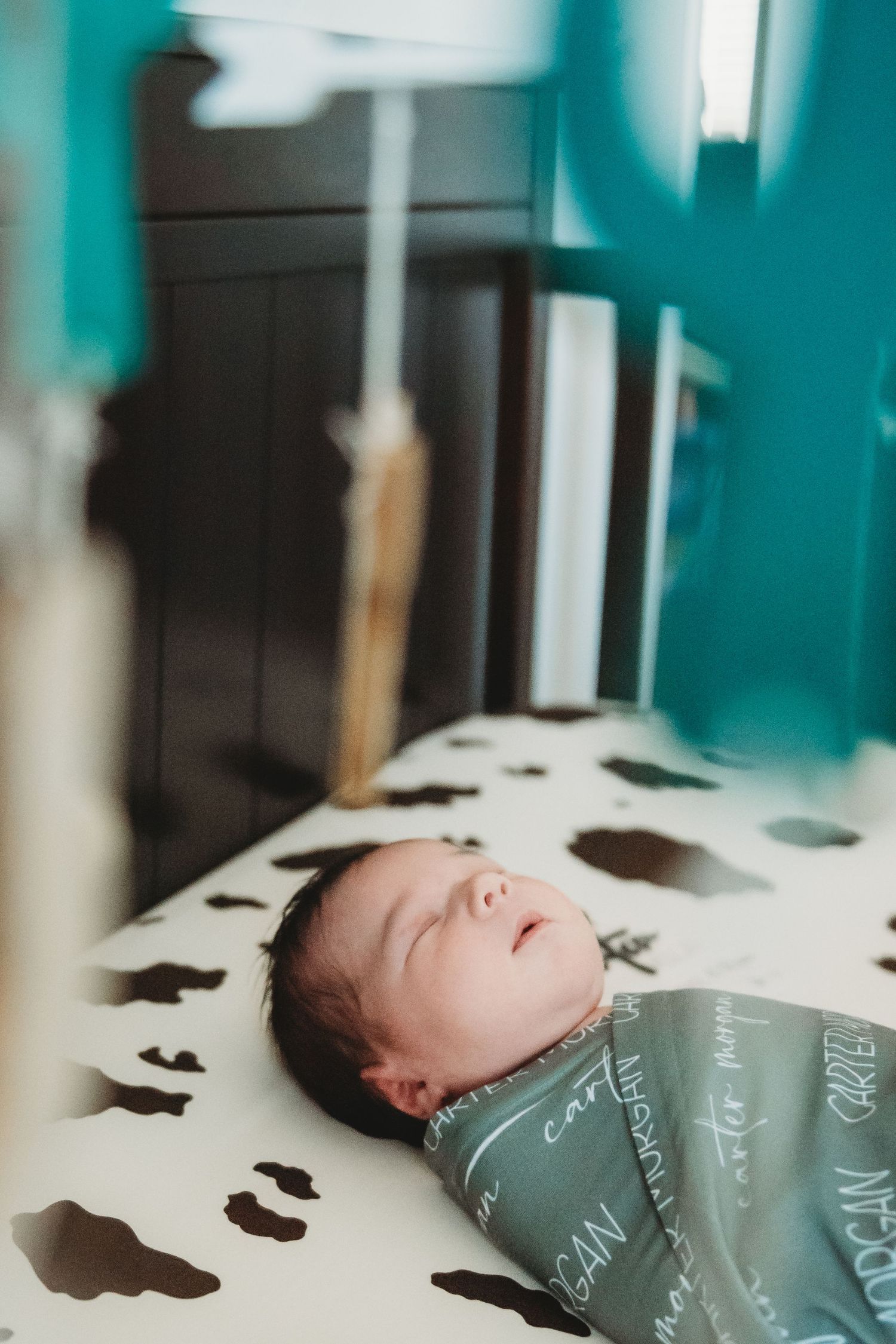 Newborn baby swaddled in teal personalized blanket sleeping peacefully in cow print crib.