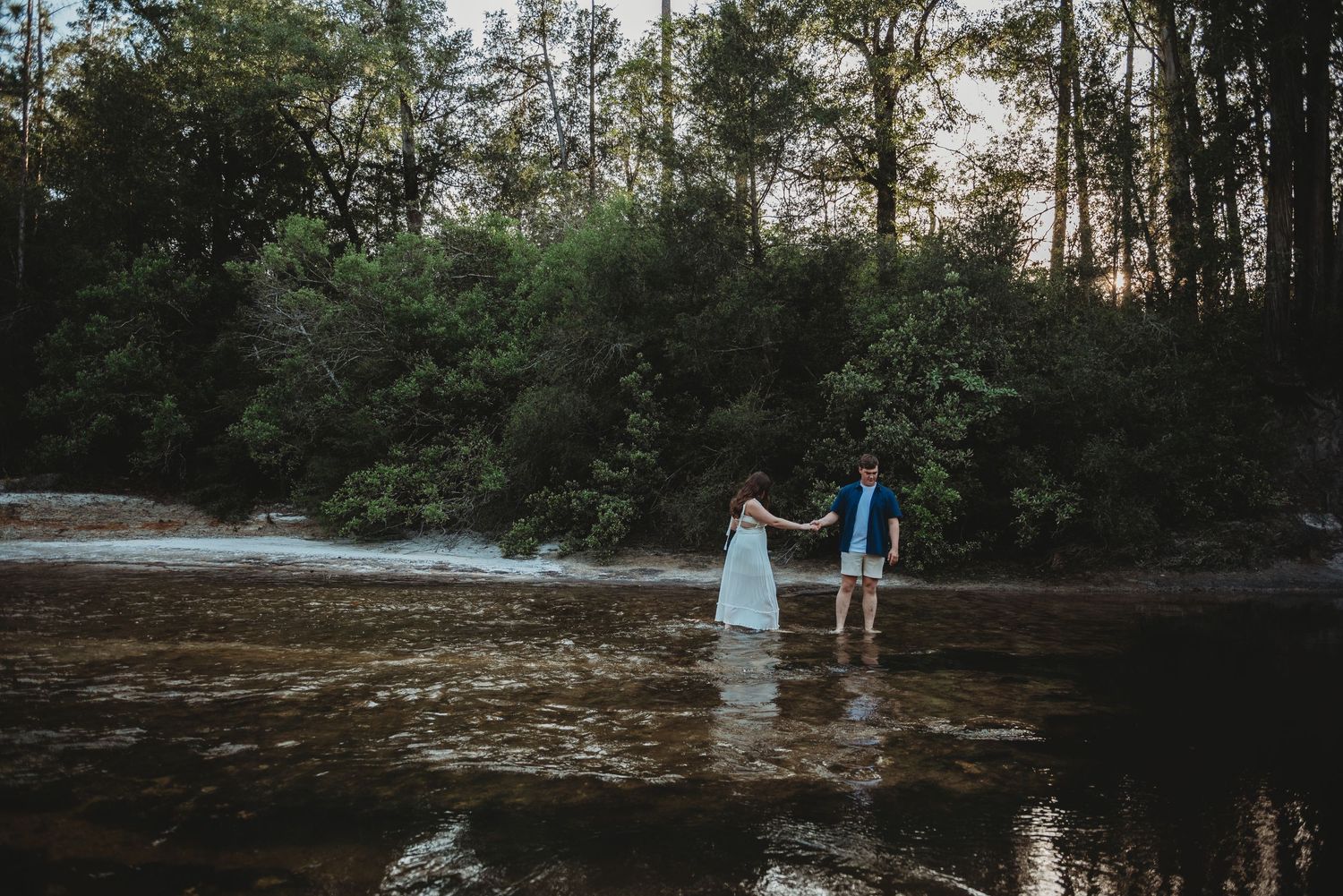 Couple holding hands while wading through a shallow river surrounded by tall green trees.