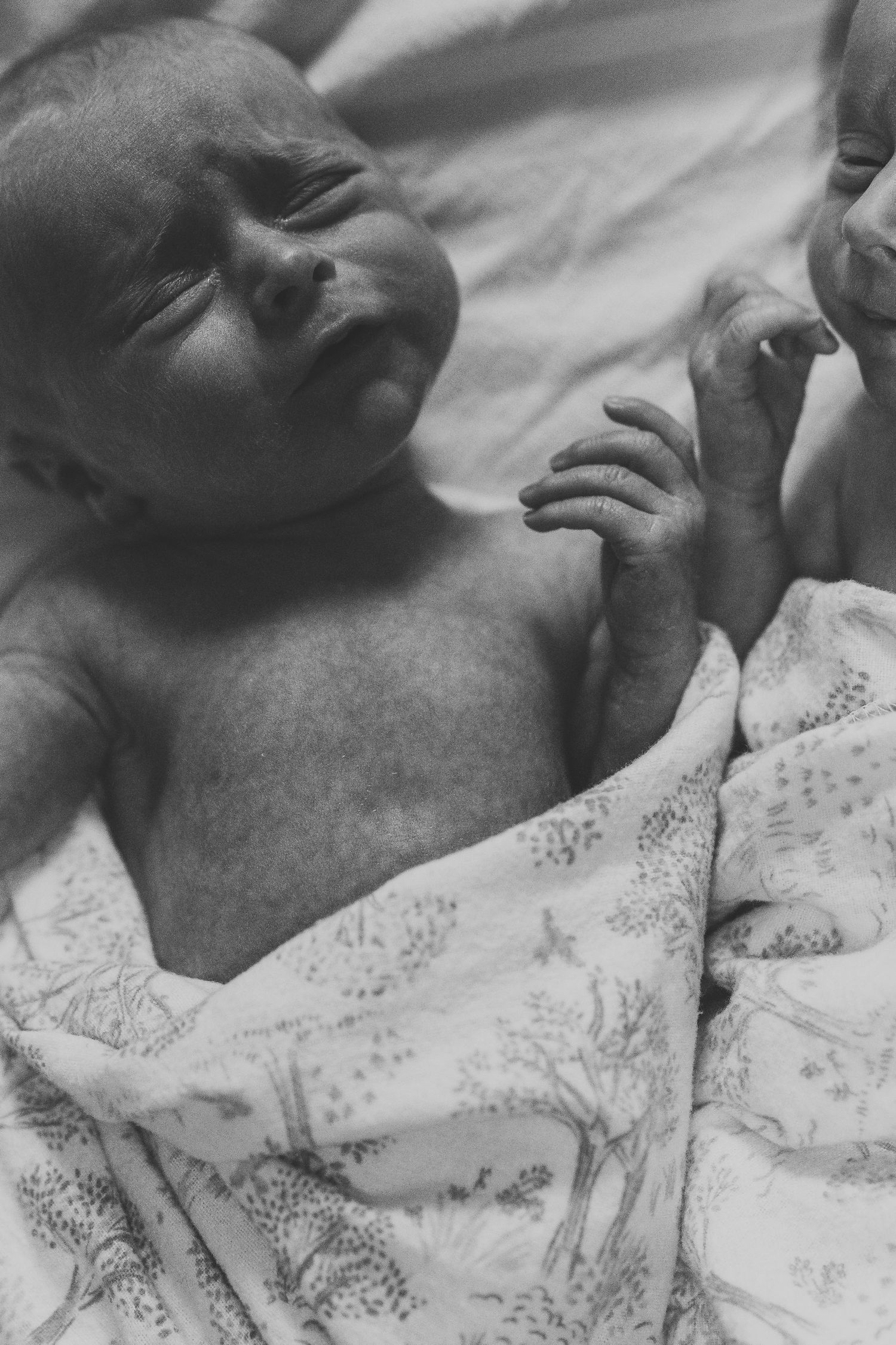 Black and white image of newborn baby crying while loosely wrapped in floral blanket.