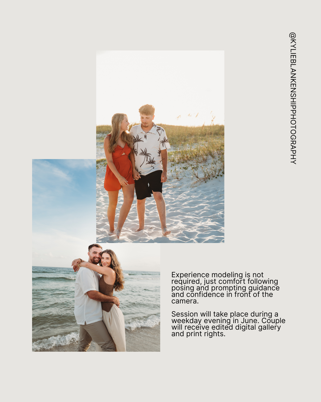 A couple poses together on a sunny beach, smiling warmly during a professional photography session.