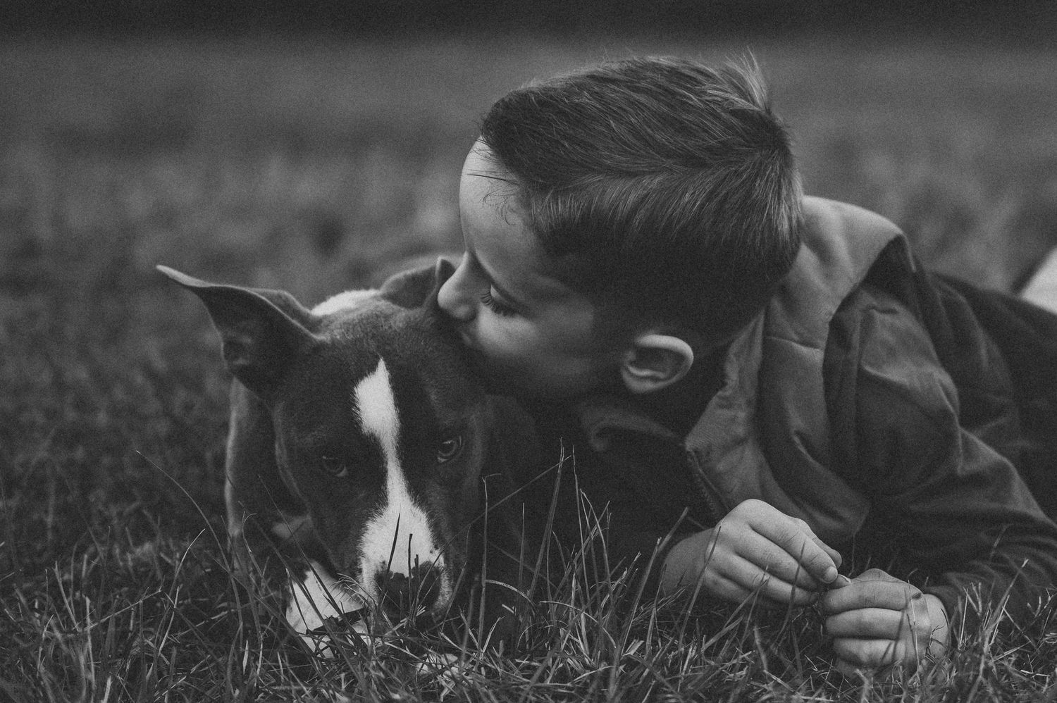 Black and white photo of a young boy lying in grass kissing a Bull Terrier dog outdoors.