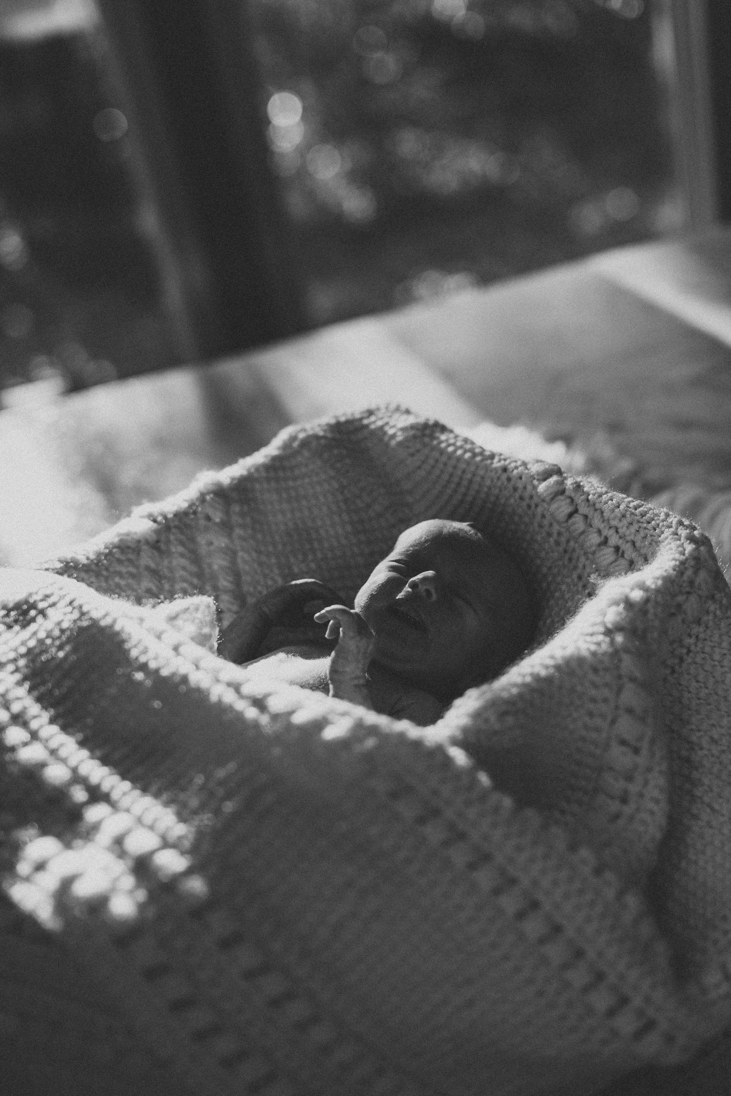 Black and white photo of a newborn baby resting in a white knit bassinet.