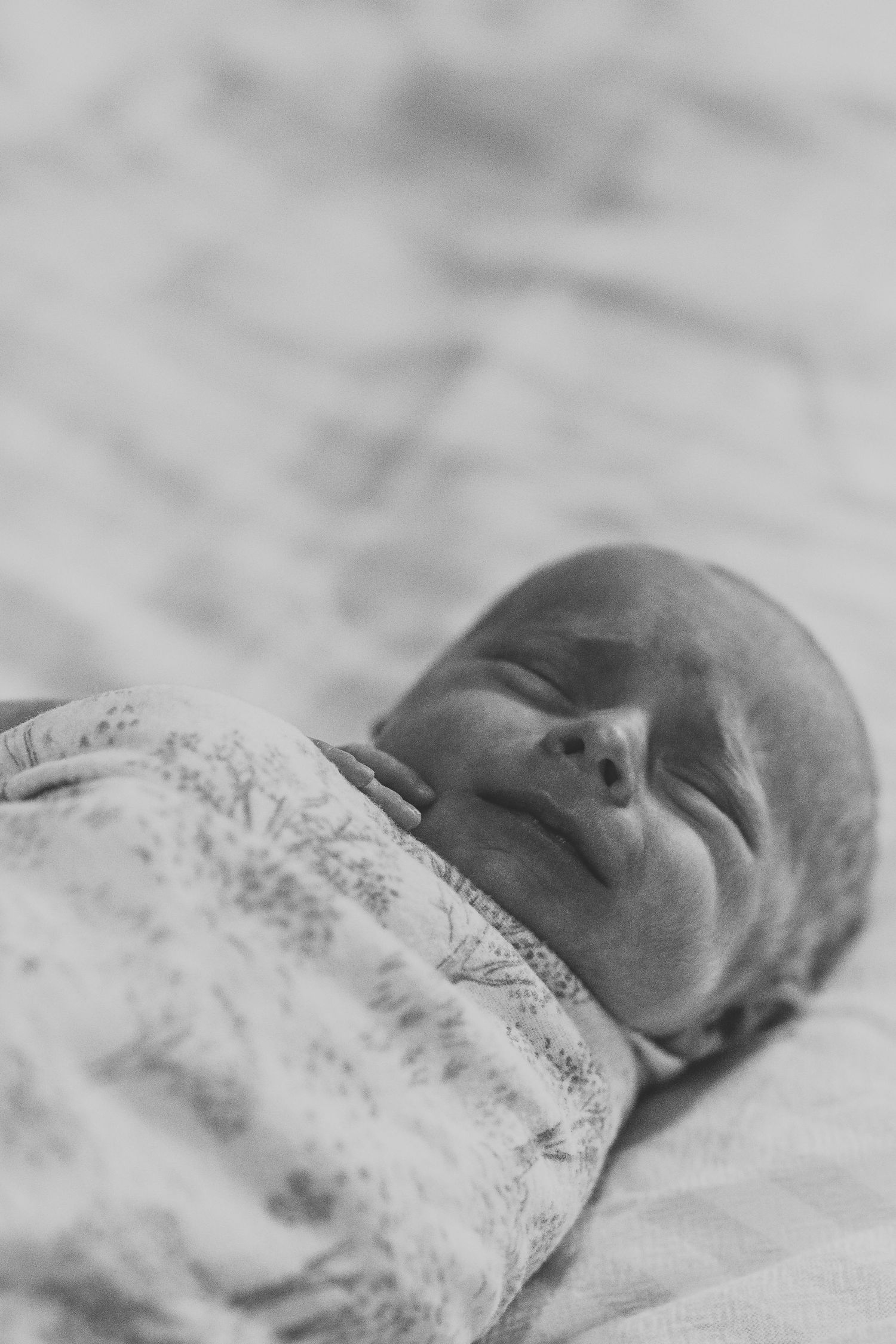 Black and white portrait of peaceful newborn baby swaddled in floral blanket.