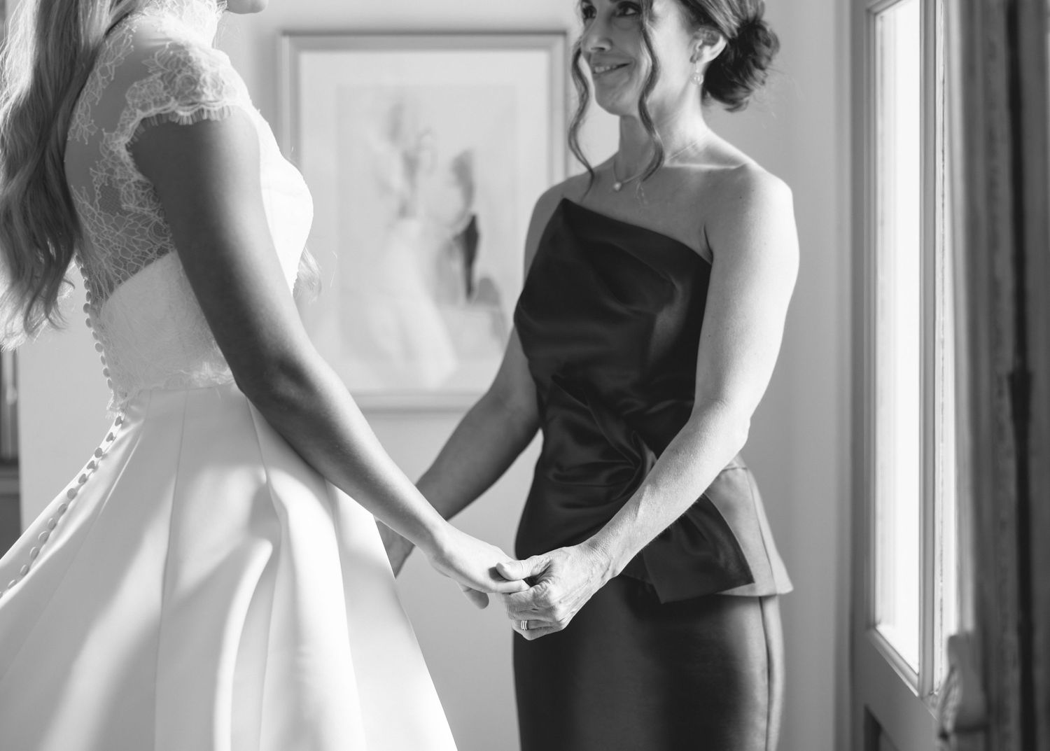 A series of black and white photos showing elegant wedding dresses and formal attire in a bridal boutique setting.