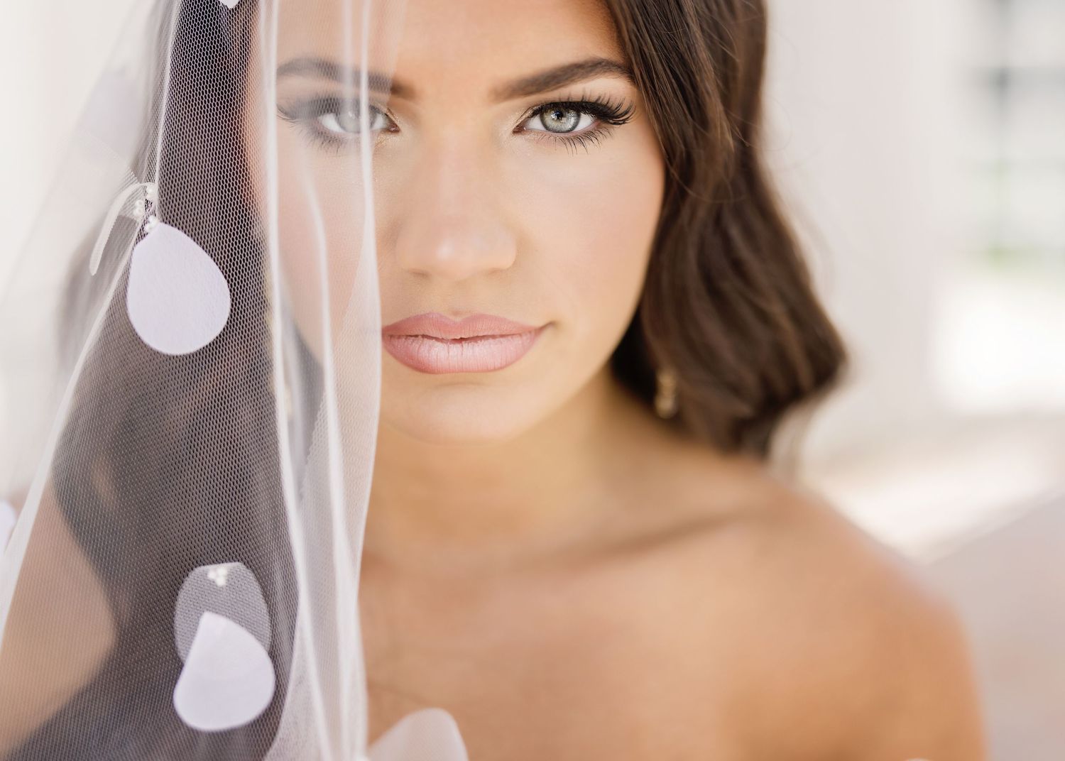 Close-up view of delicate polka dot bridal veil in natural window light.