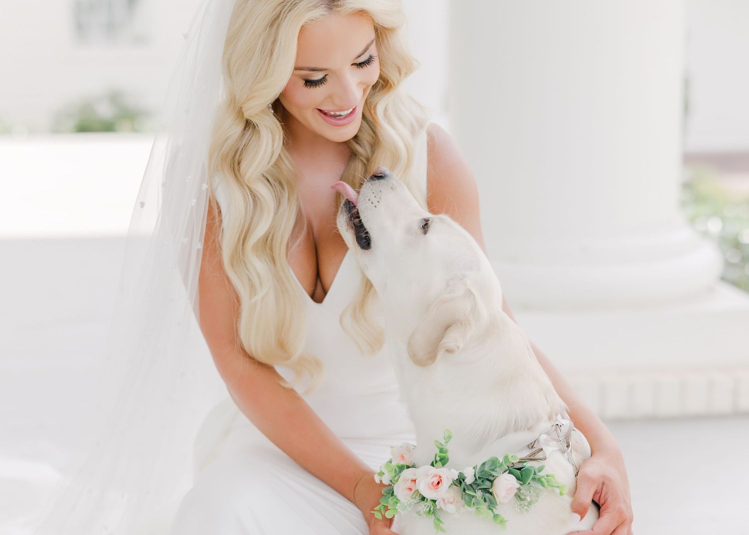 Elegant bridal detail shots in a bright white room showcase wedding dress and florals.