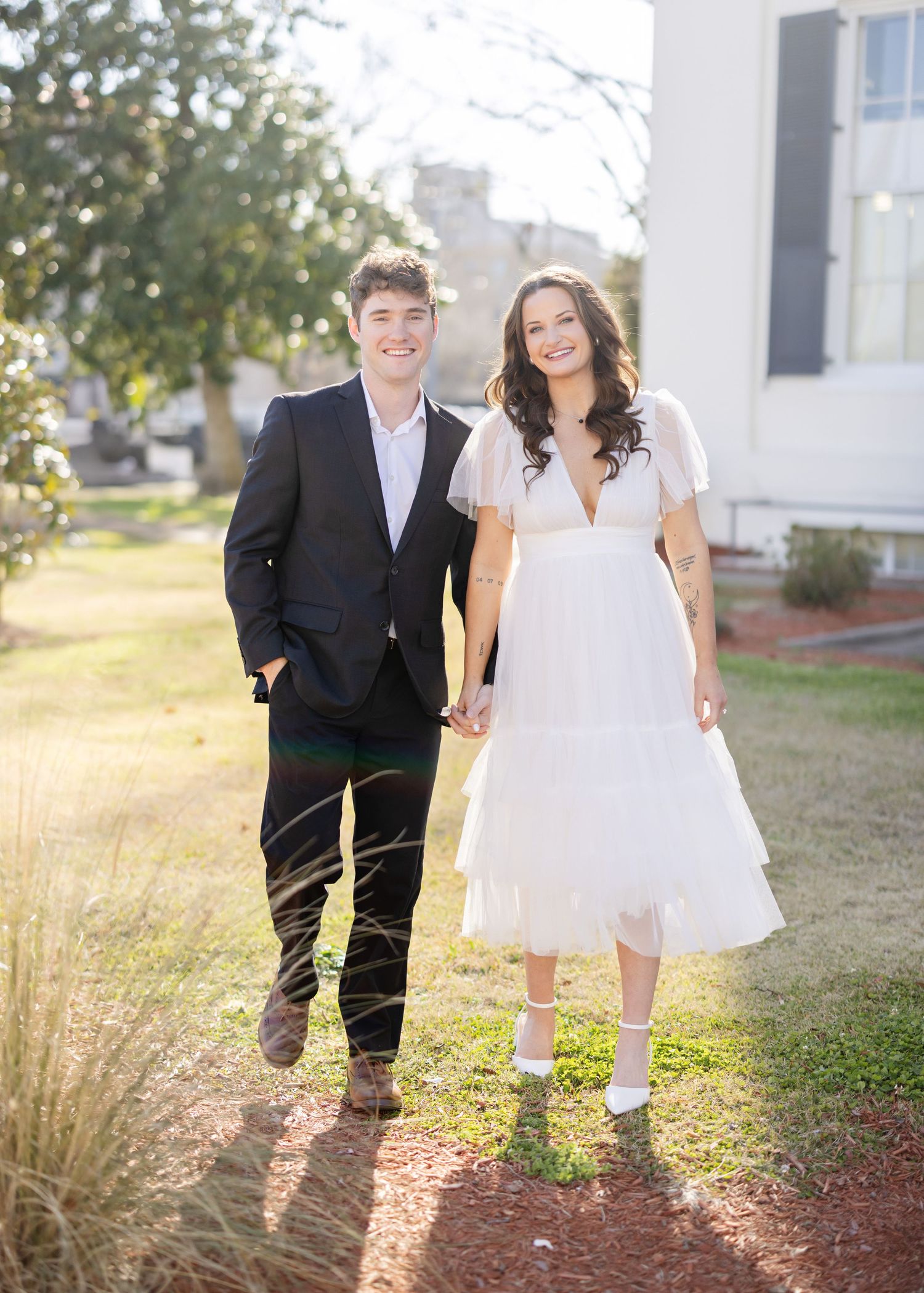 Playful photo sequence of people walking near white building in casual outfits.