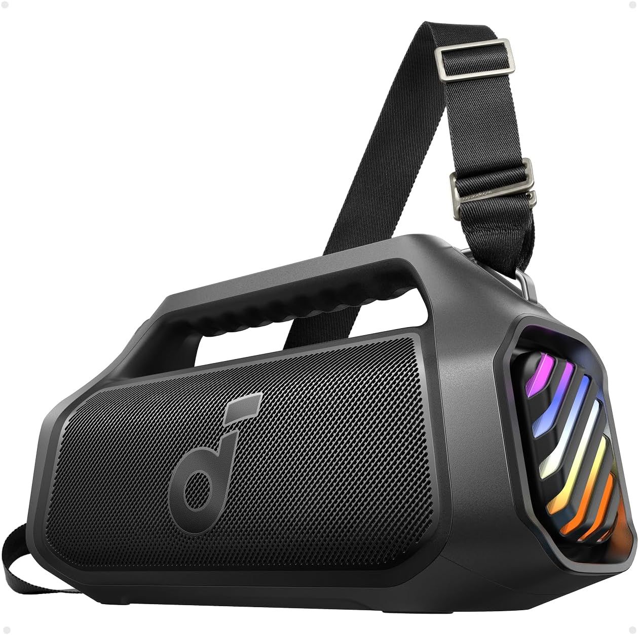 Black portable Bluetooth speaker with RGB lighting shown from multiple angles displaying sleek modern design.