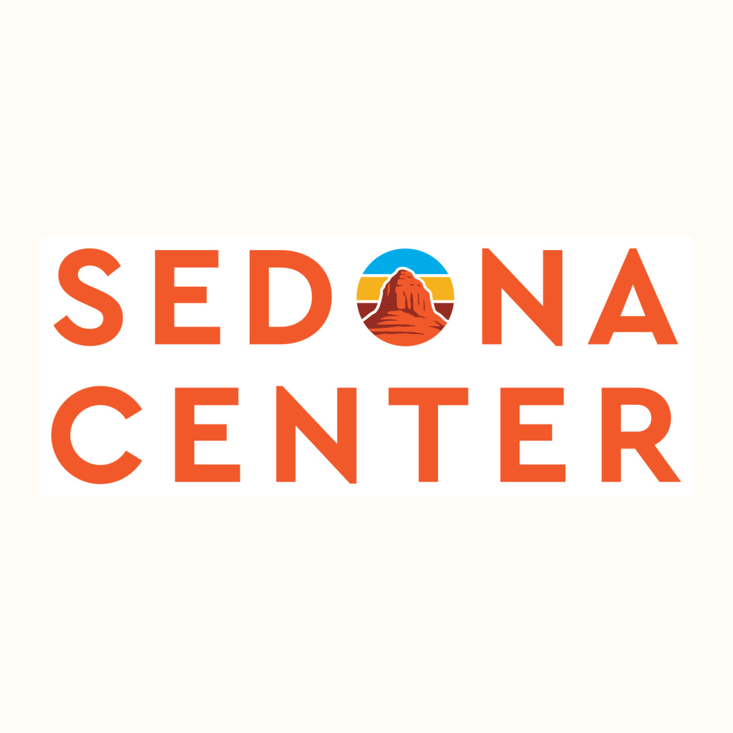 Sedona Center logo with bold orange text and a colorful Southwest desert butte icon on a cream background.