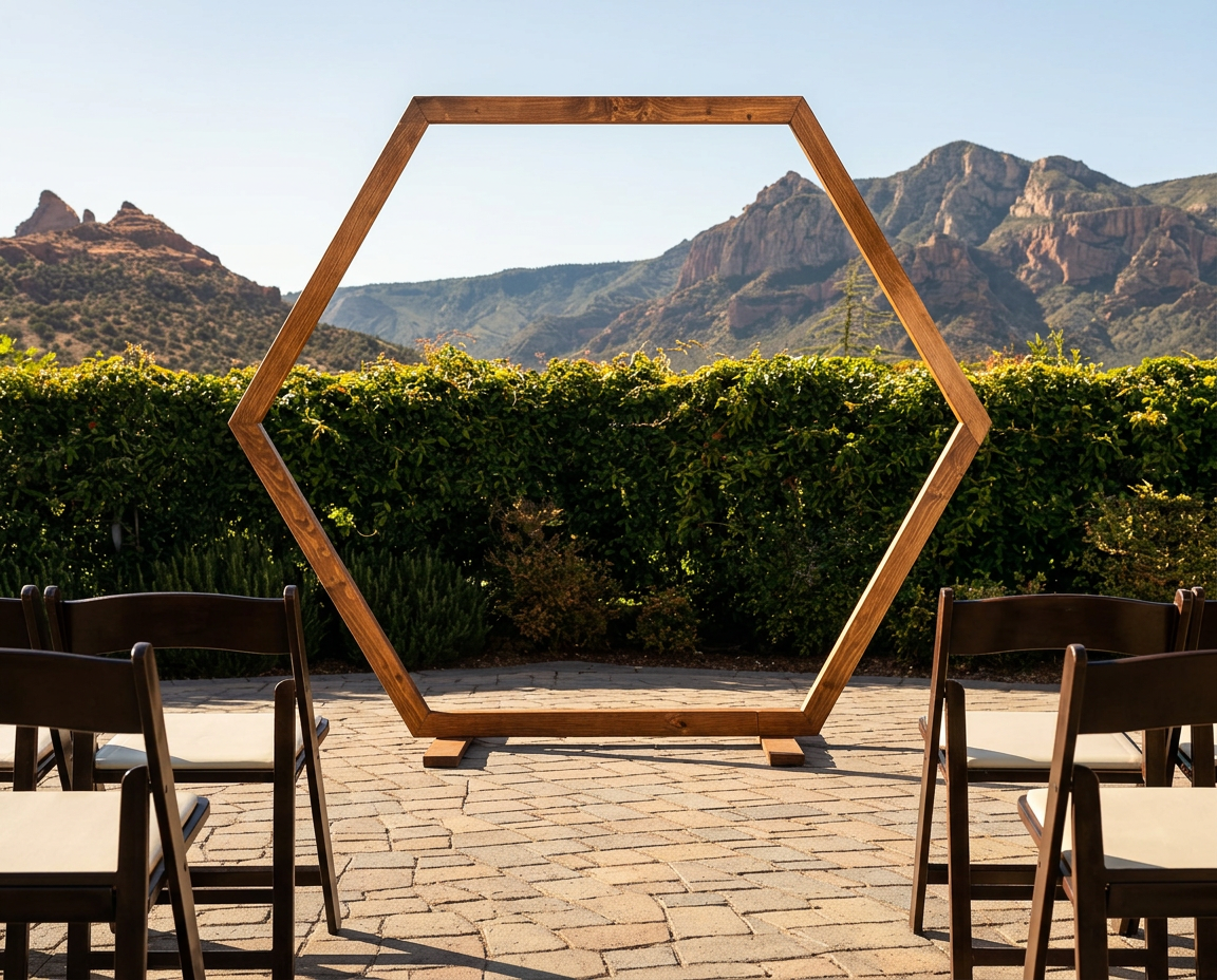 Wooden hexagonal wedding arch on stone patio with lush hedges and red rock mountains in Sedona, Arizona backdrop.