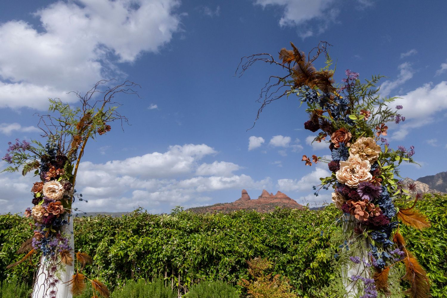 Floral wedding arch with colorful blooms in a vineyard under blue sky with red rock mountains in background.