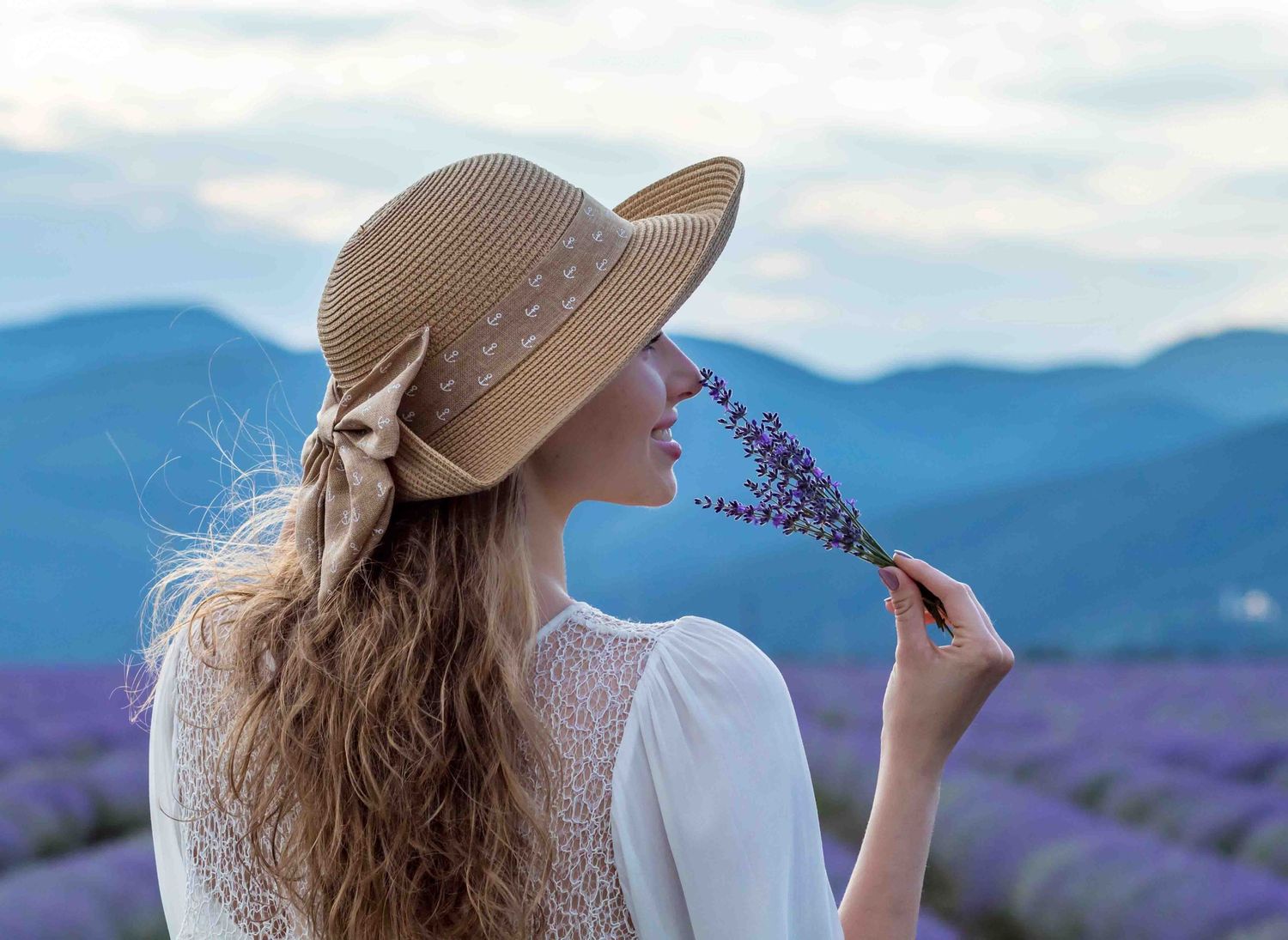 Woman in straw hat and white dress holding lavender flower stem in purple lavender field with mountains in background.