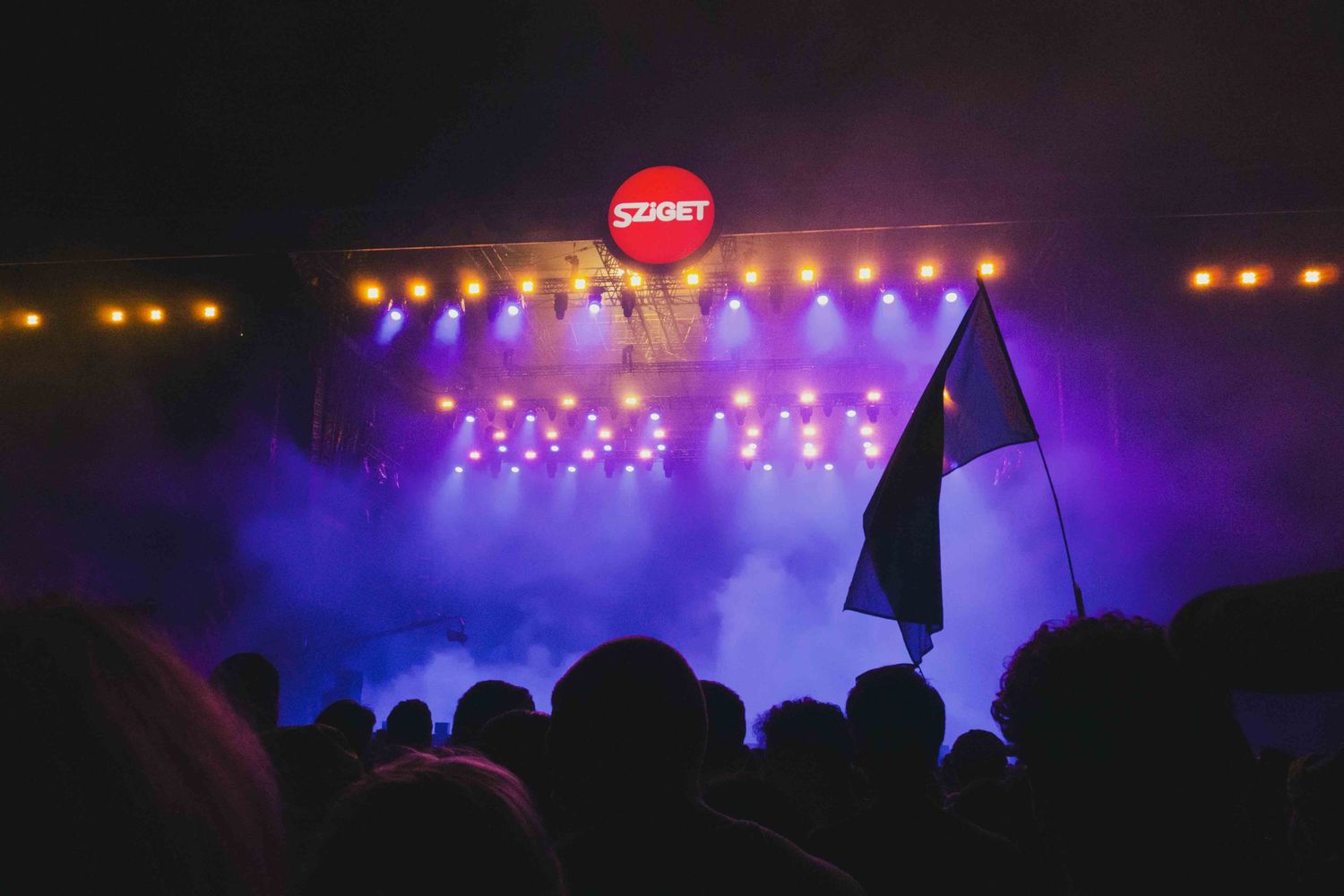 Concert crowd silhouettes against purple stage lighting and fog effects at a live music performance.