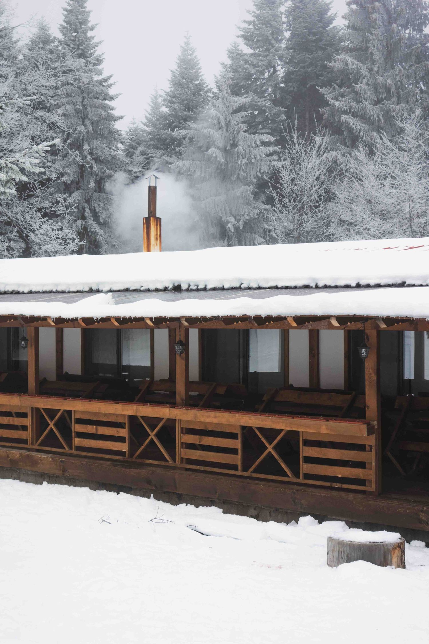 A snow-covered wooden cabin with a long porch deck surrounded by frost-covered pine trees in a winter forest setting.