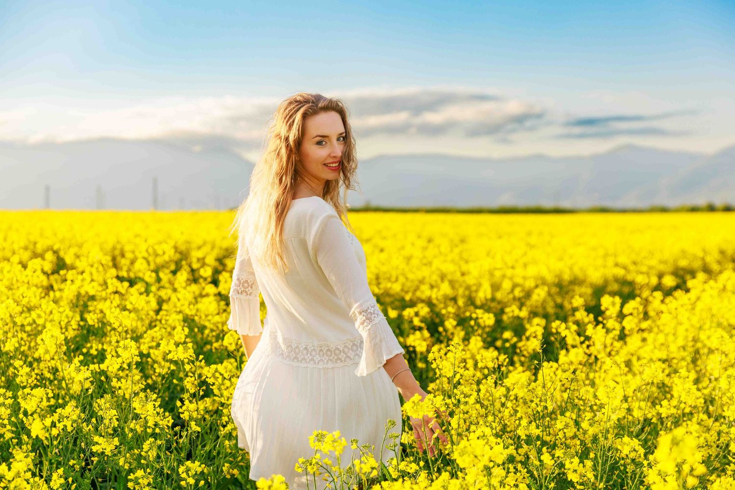 A white-dressed figure stands in a vibrant yellow canola field against blue skies and mountain backdrop.