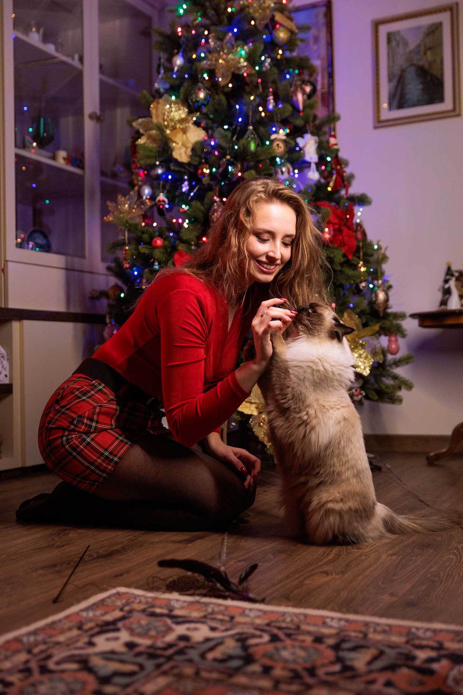 A woman in red holiday attire sits on a floor with a cat by a decorated Christmas tree with twinkling lights.
