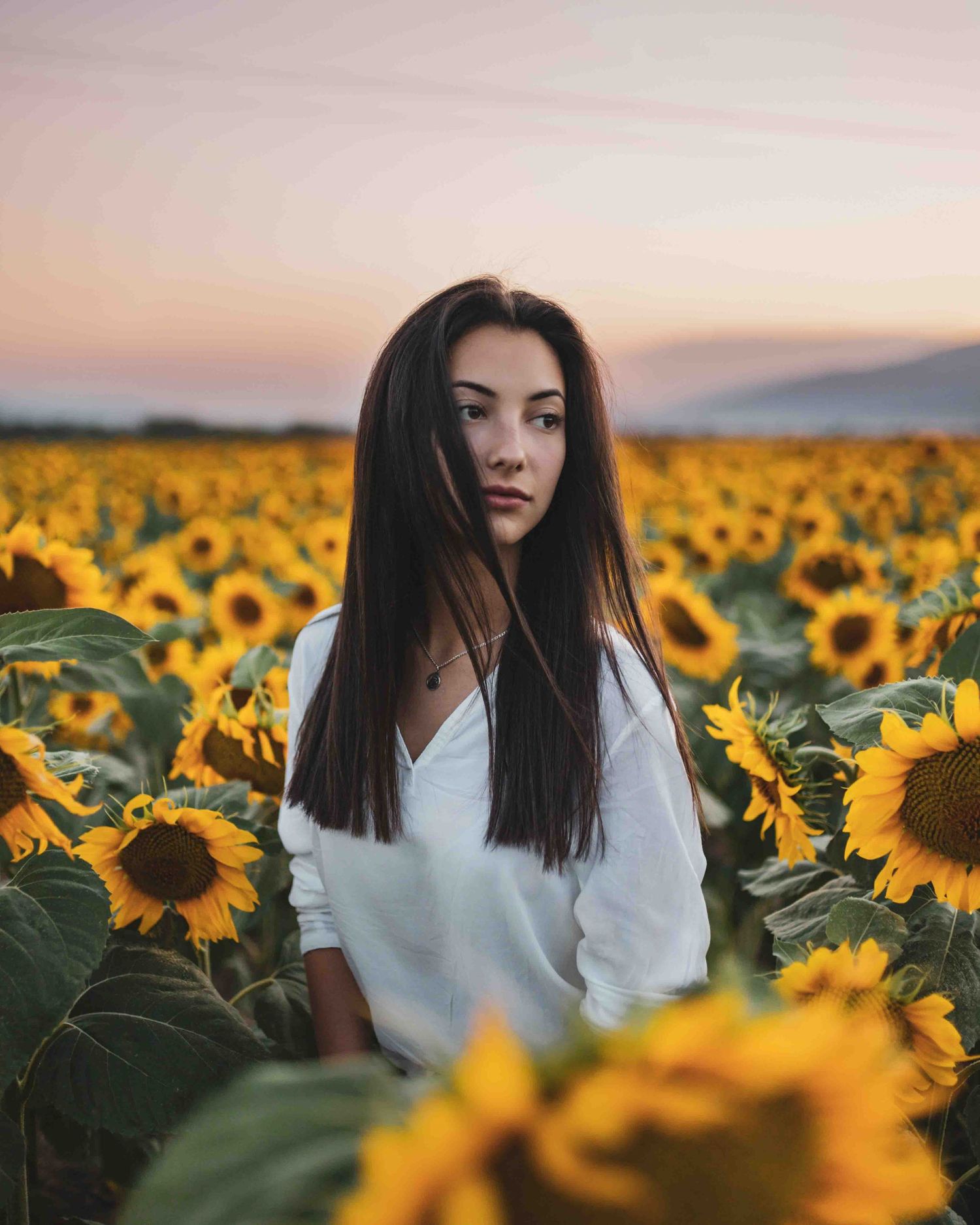 Figure standing in a vibrant sunflower field at sunset wearing a white shirt against a dreamy golden backdrop.