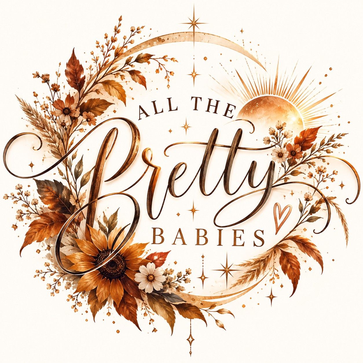 Boho-style logo for All The Pretty Babies featuring autumn florals, sunflower, crescent moon, and elegant script lettering.