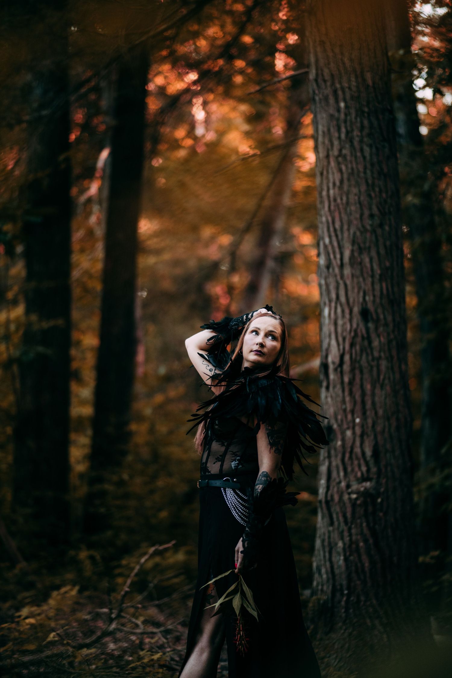 Woman in black gothic dress and feathered cape poses dramatically in an autumn forest setting.