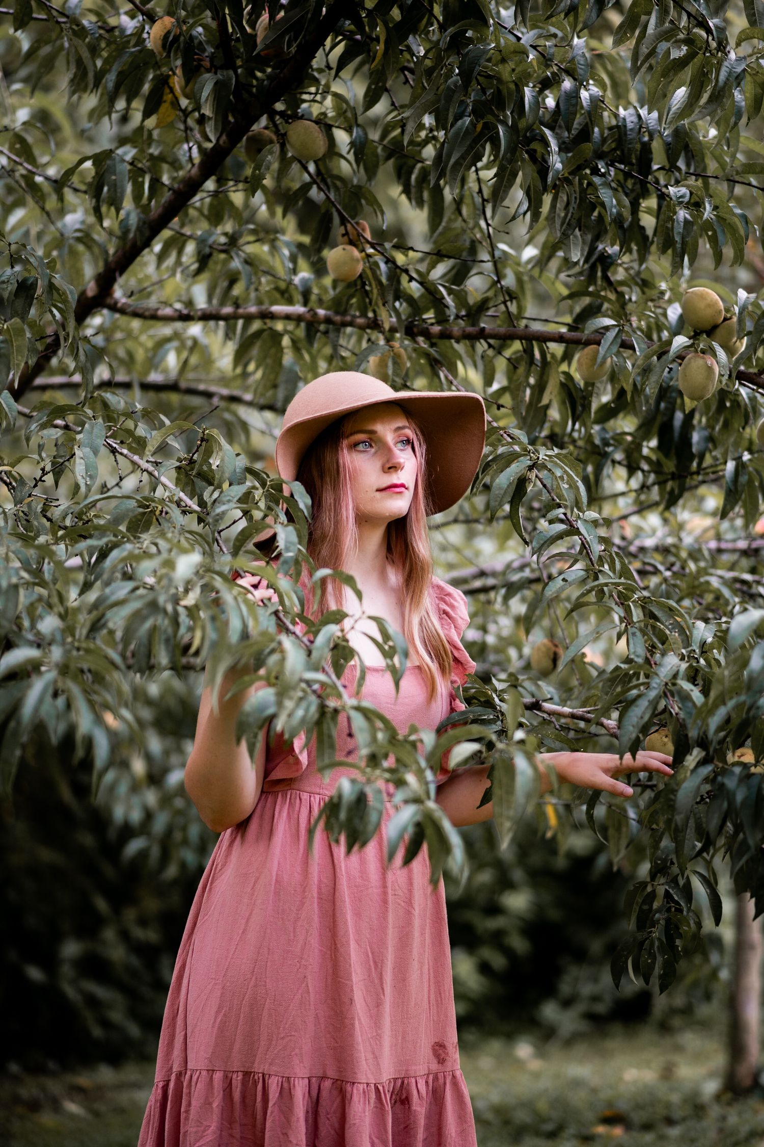 Woman in pink dress and wide-brim hat standing among fruit trees in a lush garden orchard.
