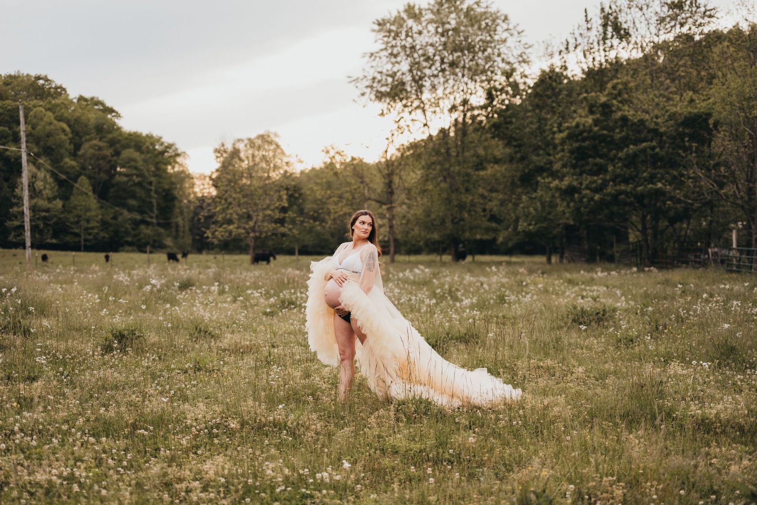 Pregnant woman in flowing white gown standing in a sunlit meadow surrounded by green trees and wildflowers.