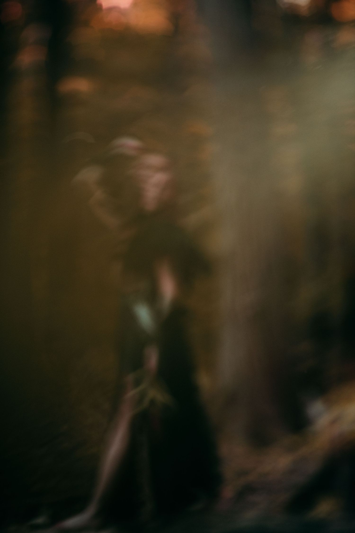 A blurry, atmospheric dark forest scene with a mysterious figure in a black dress surrounded by moody, warm bokeh lights.