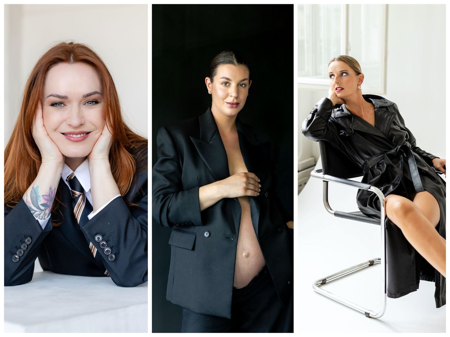 Three women pose professionally: a redhead in a suit, a pregnant woman in black blazer, and a blonde in a leather jacket.