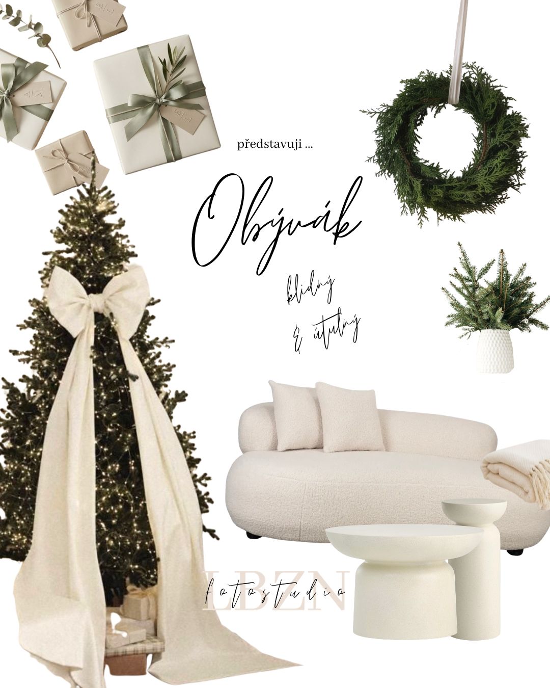 A festive Czech holiday mood board featuring a decorated Christmas tree, wreath, white sofa, coffee table, and wrapped gifts.