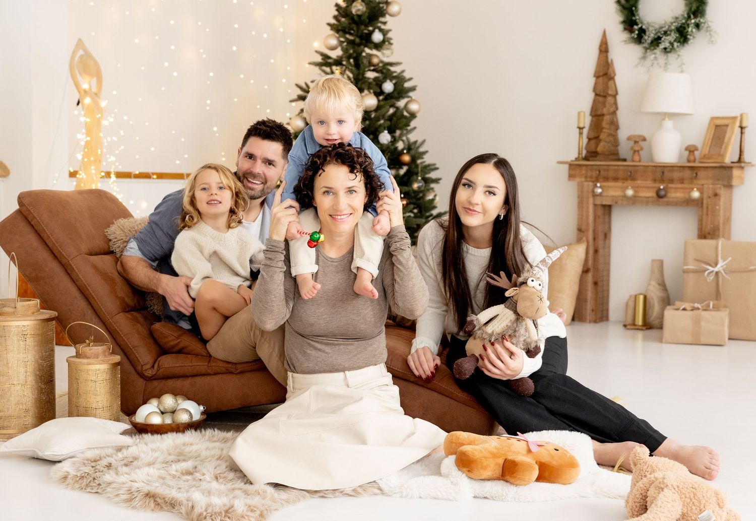 A collection of maternity lifestyle photos showing people resting, holding babies, and relaxing in cozy home settings.