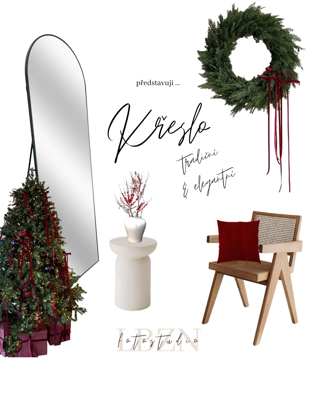 Czech Christmas mood board featuring a mirror, decorated tree, wreath, white side table, vase, and a wooden chair with red cushion.
