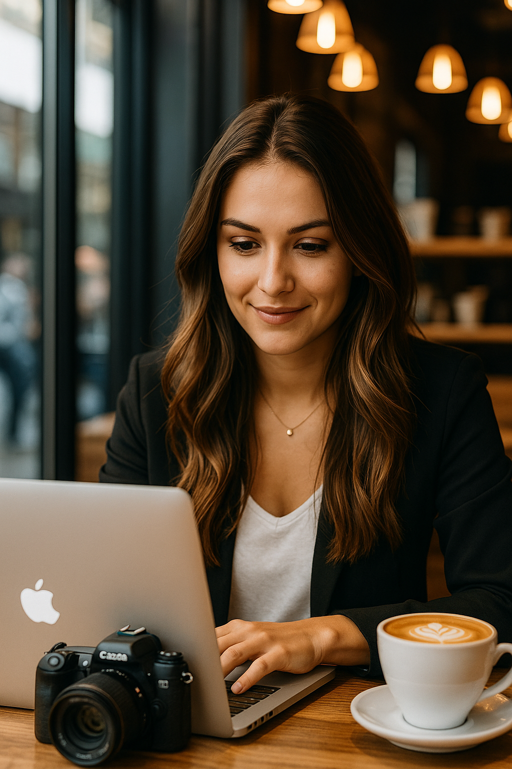 Professional working on laptop at coffee shop with camera and latte art cappuccino on wooden table.