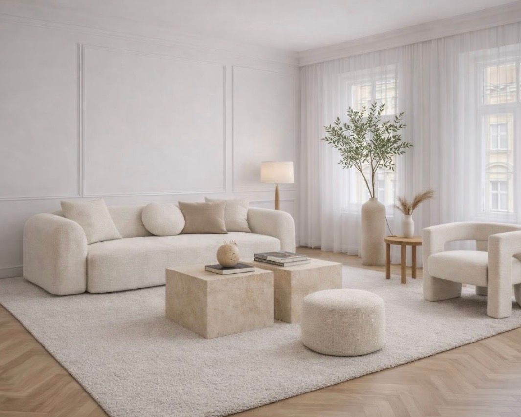 Minimalist living room with cream bouclé sofa, travertine coffee tables, shag rug, and neutral tones in bright natural light.