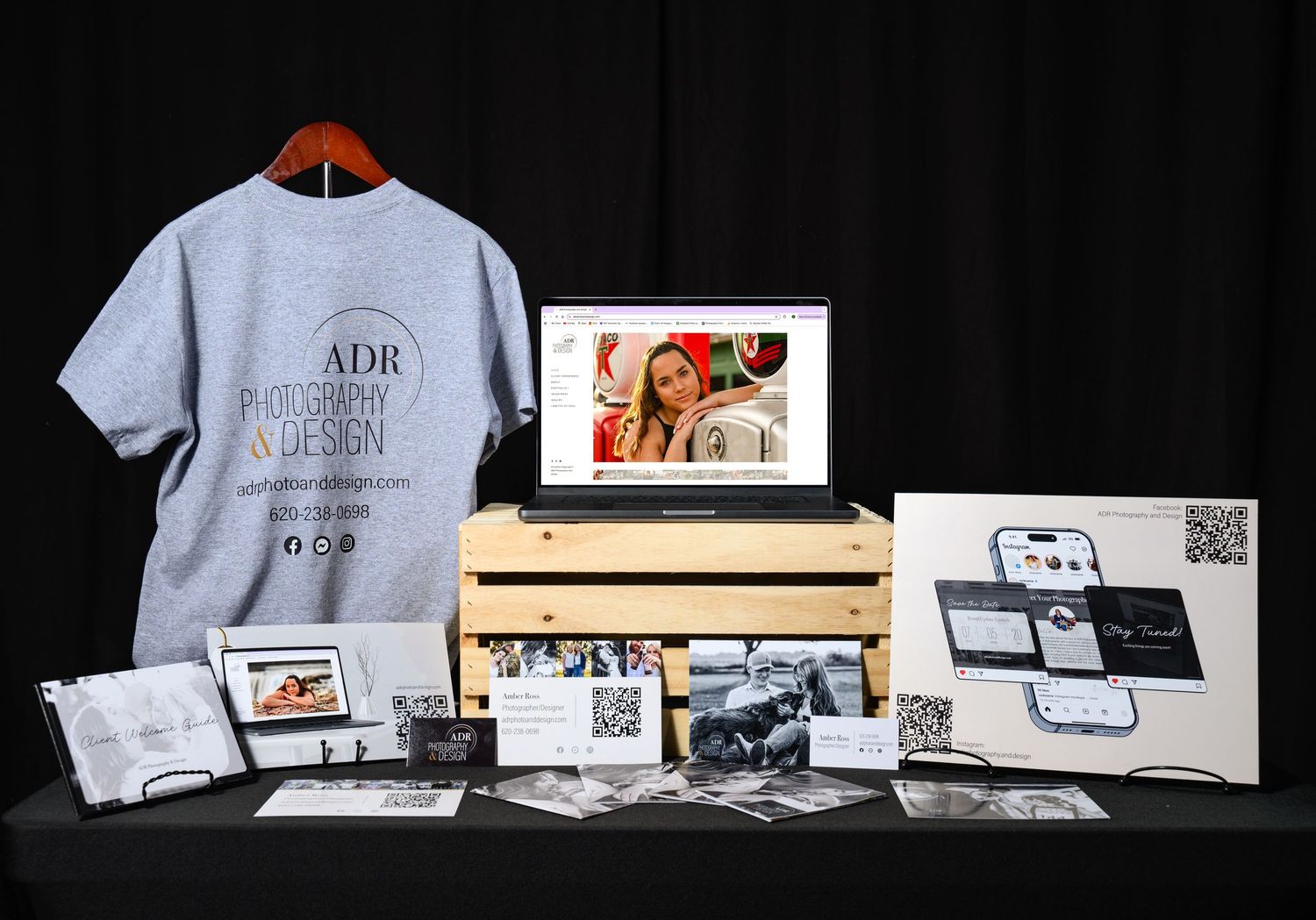 A series of branded merchandise and marketing materials laid out in a clean, minimalist presentation against dark backgrounds.