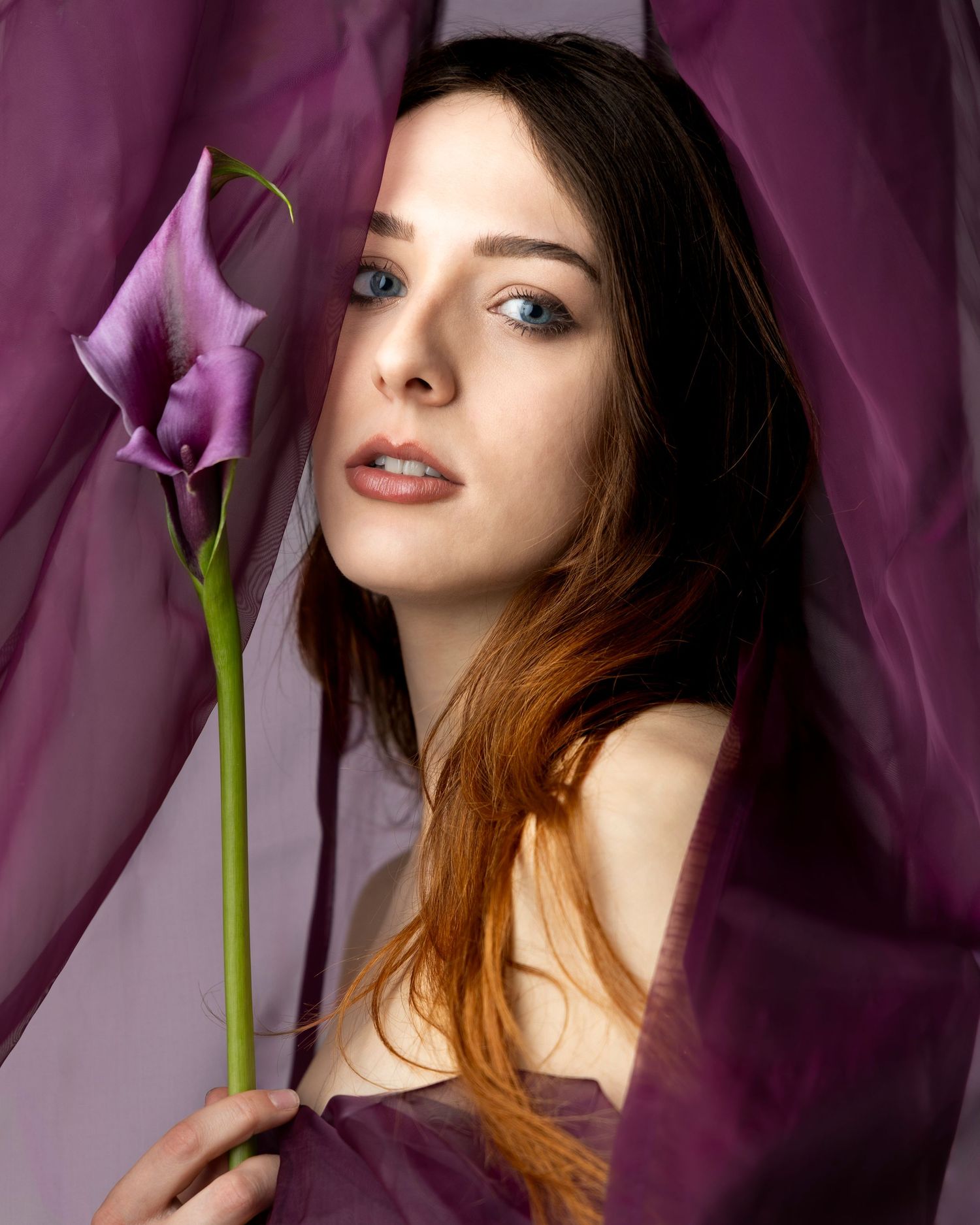 Young woman with blue eyes holds a purple calla lily, framed by flowing violet fabric in an artistic portrait.
