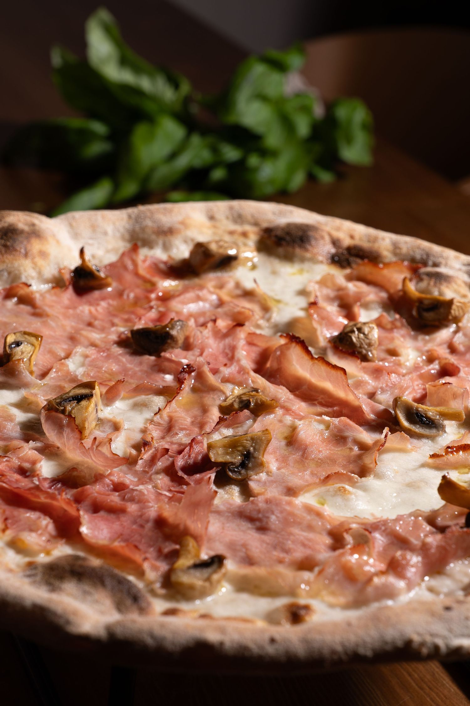 Close-up of a wood-fired pizza topped with prosciutto, melted mozzarella and fresh mushrooms on a rustic crust.
