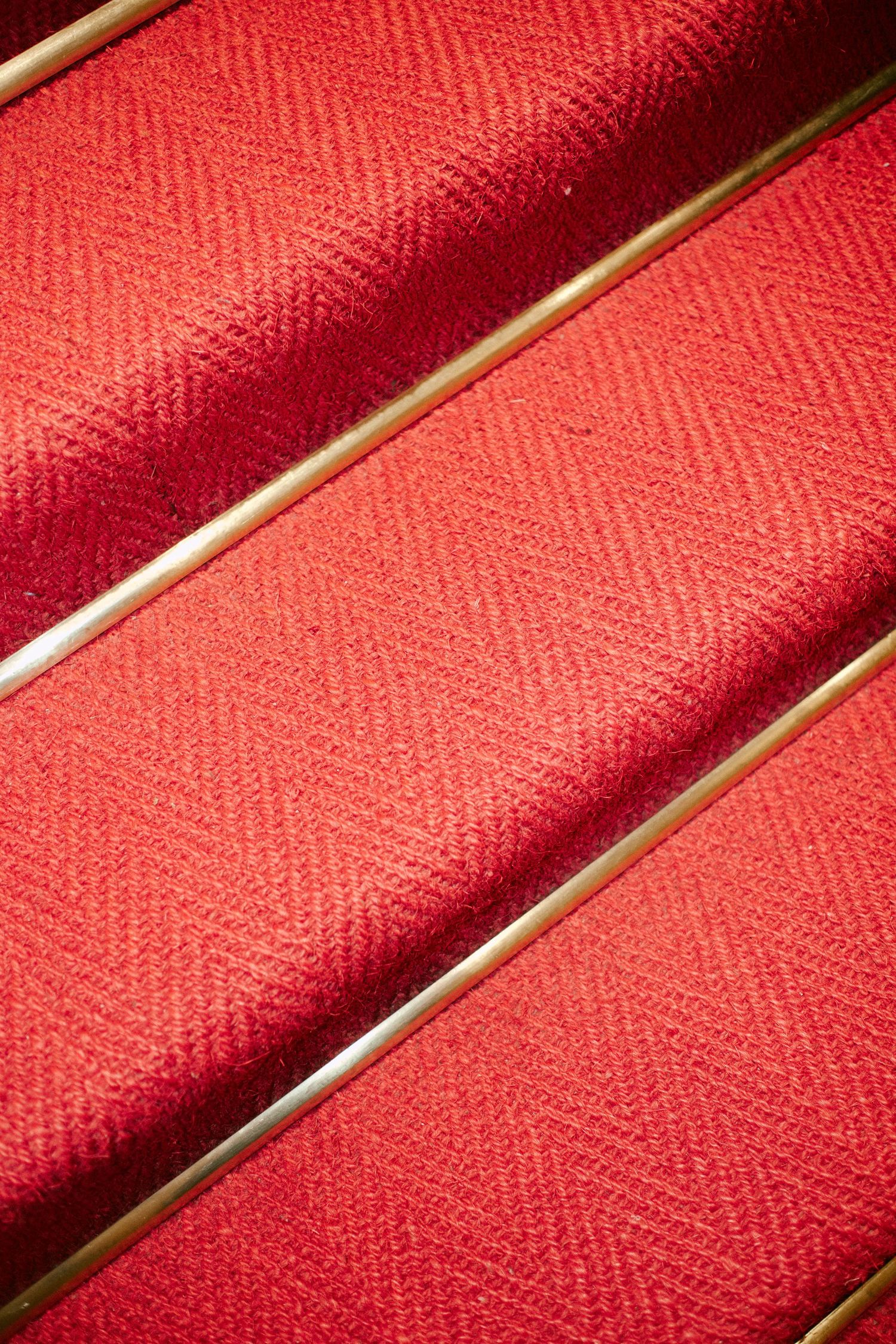 Close-up of red herringbone carpet on stairs with gold metal stair rods, elegant interior detail.
