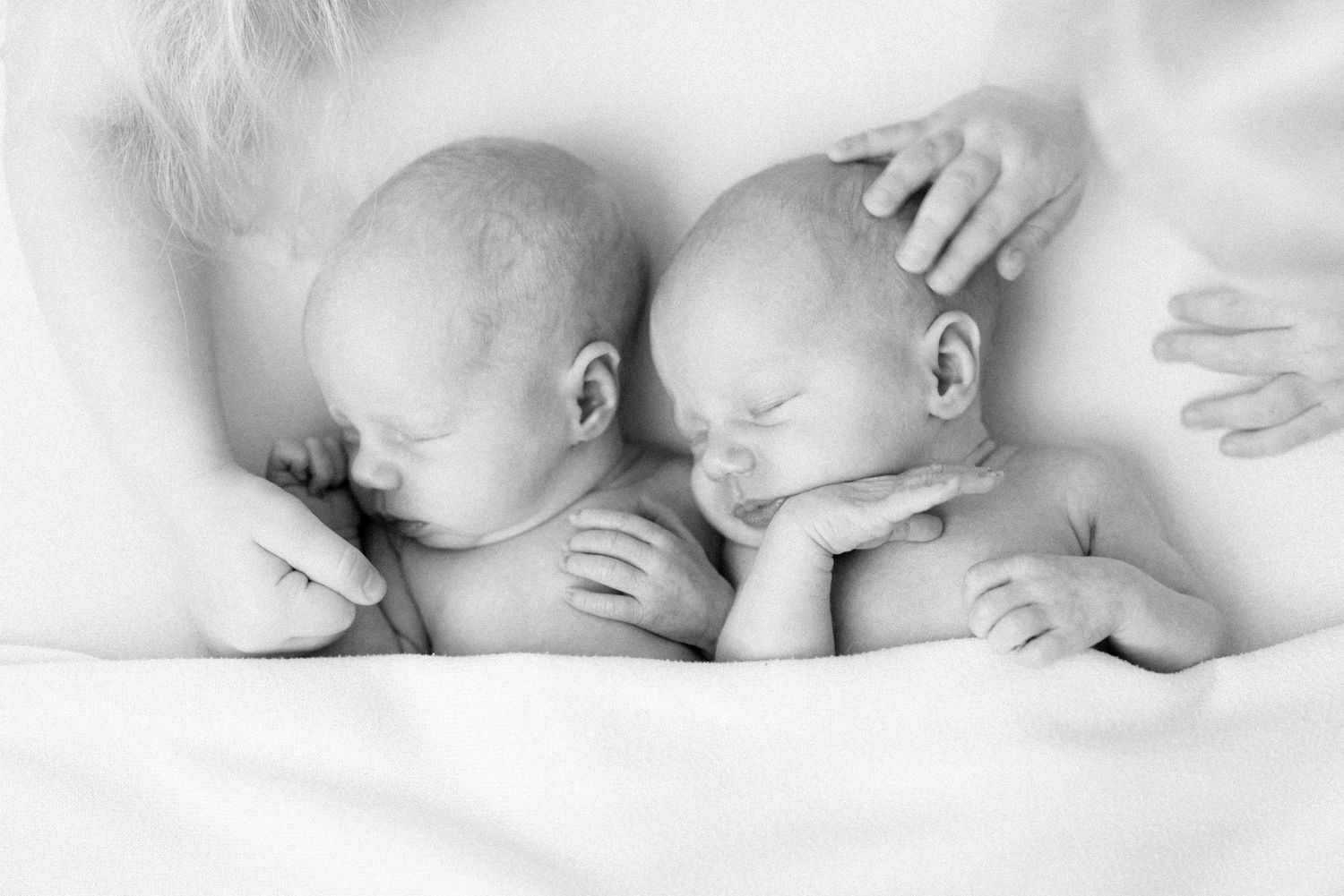 vastasyntyneenkuva kaksosista ja heidän isosiskojen käsistä paijaamassa heitä
