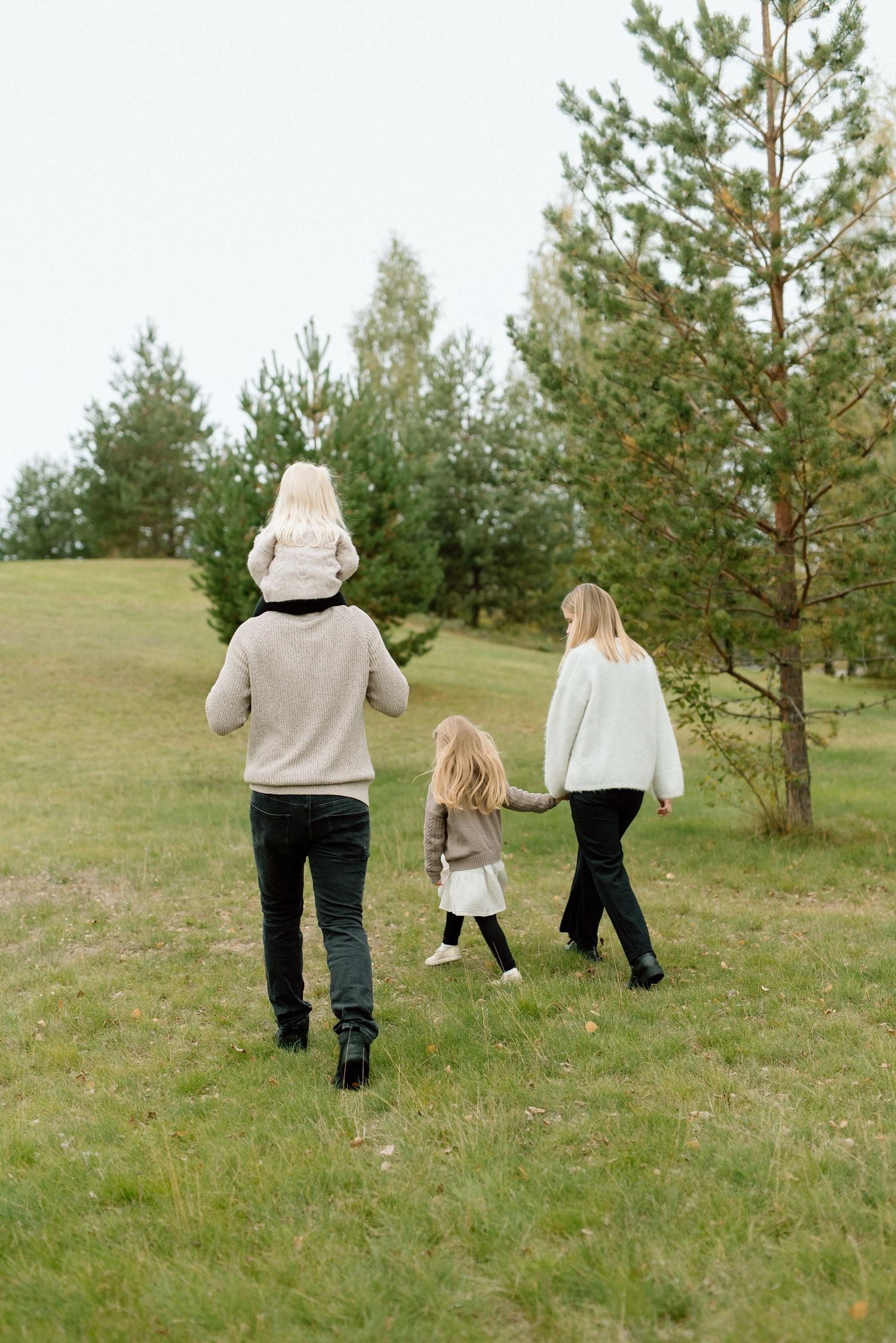 Perhe kävelee poispäin ja yksi lapsi on isän harteilla