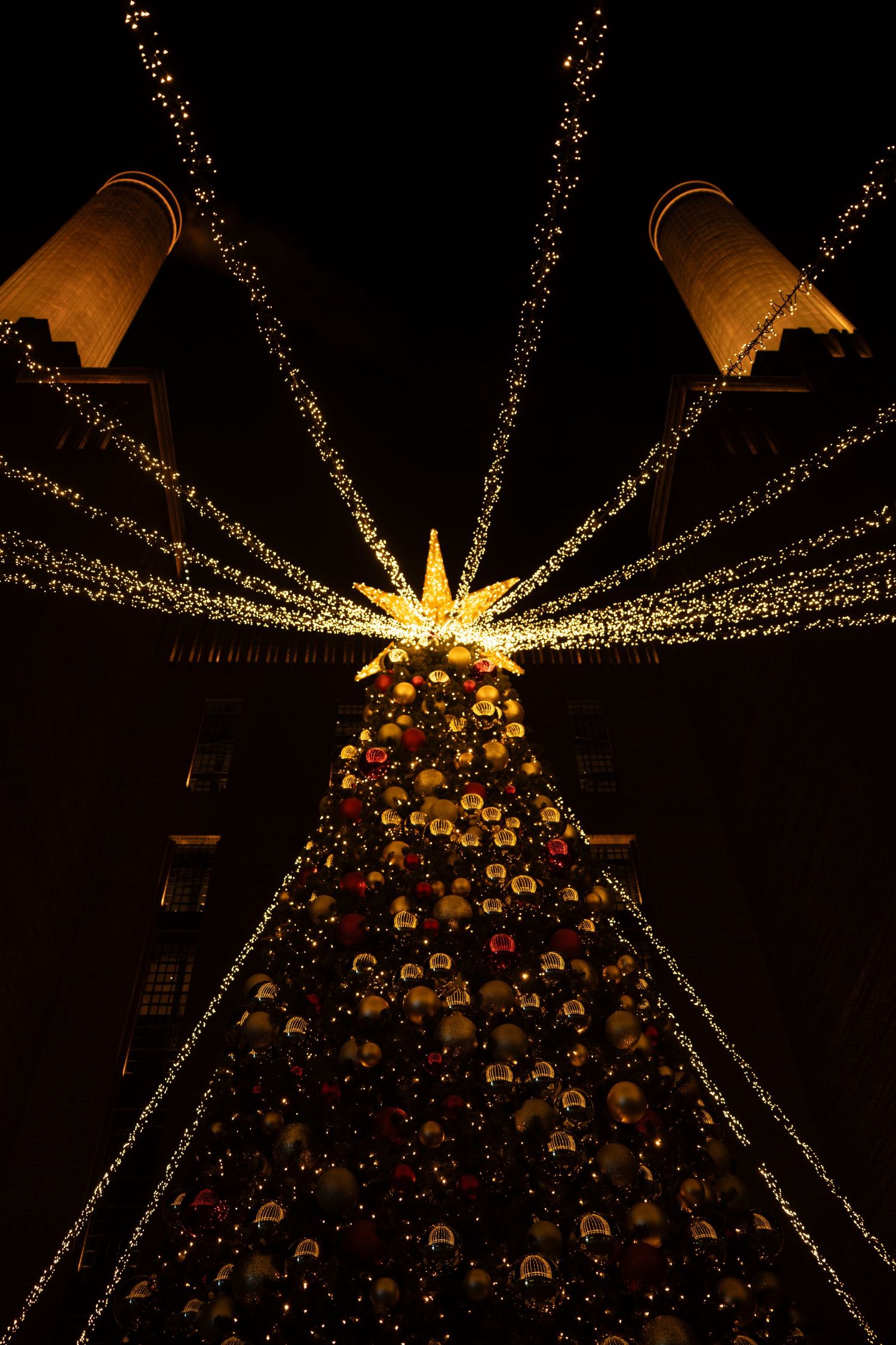christmas tree, Battersea power station, London, new years eve. Tied in Time Photography.
