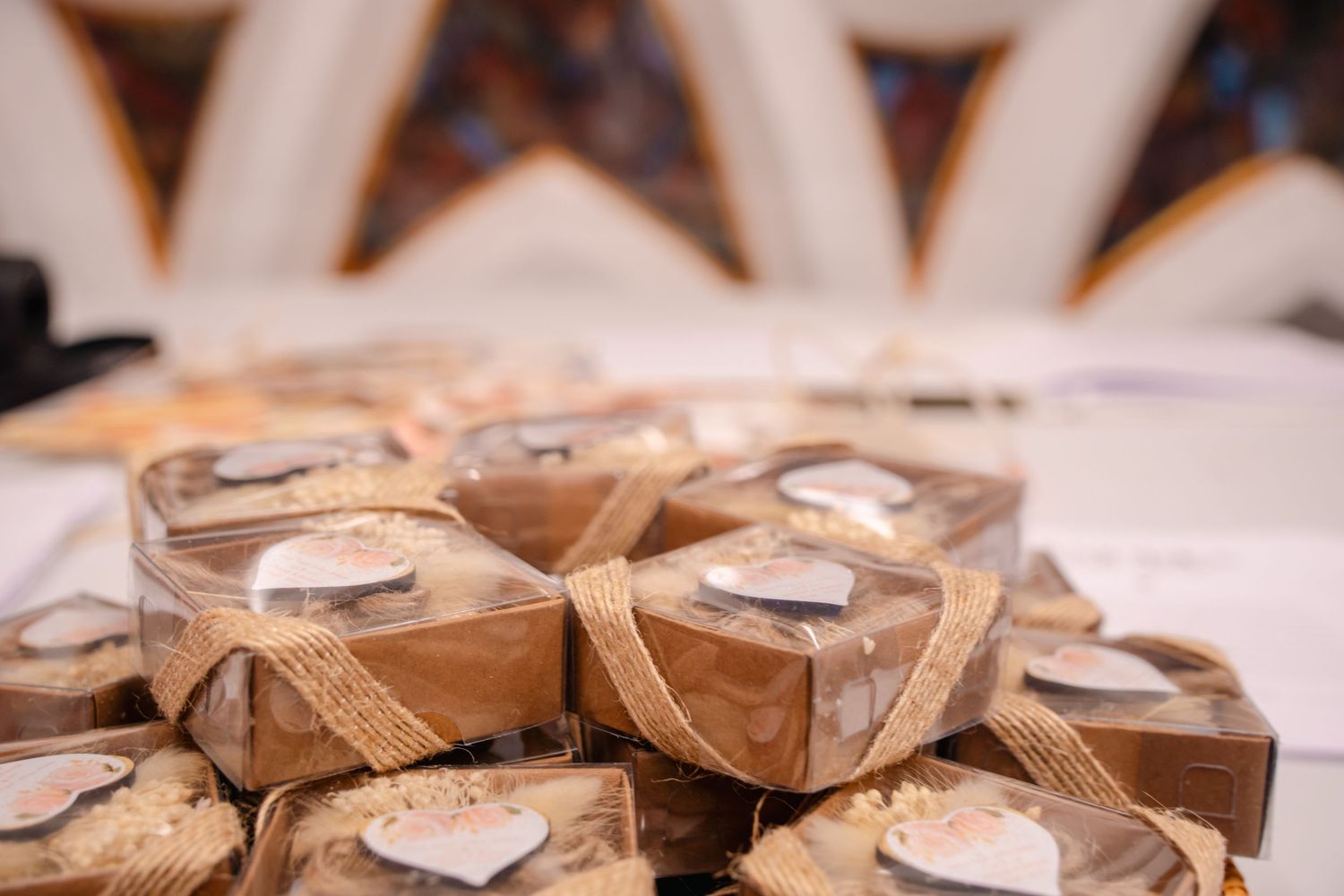 party favours with custom stickers, wrapped in twine. Tied in Time Photography.