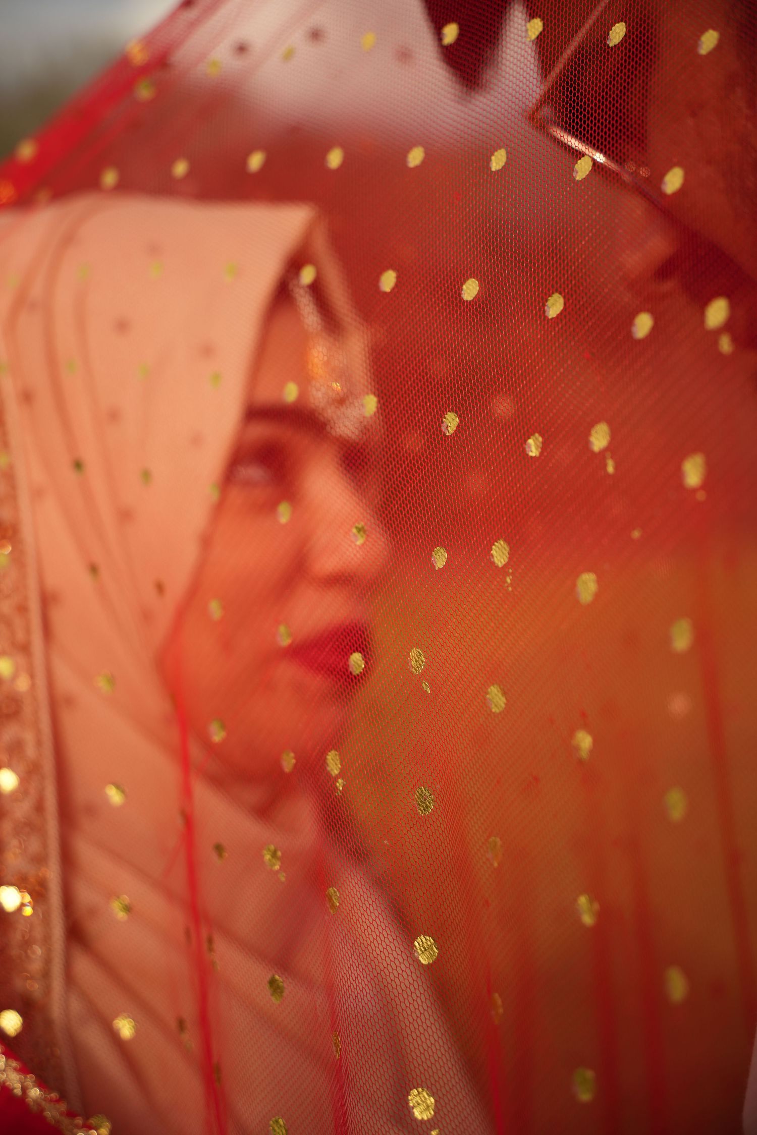 bride and groom under red veil. Tied in Time Photography.