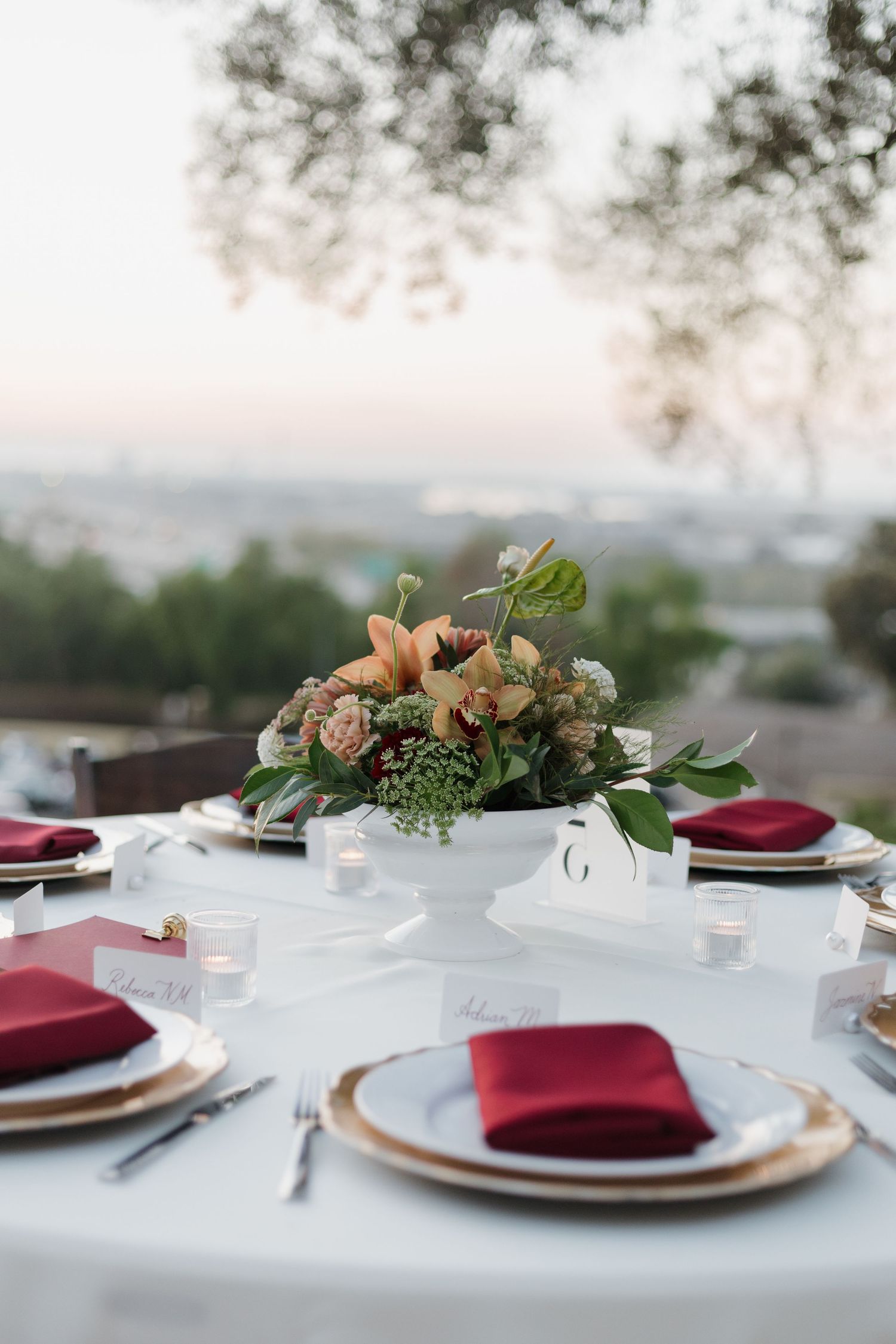 Elegant table settings with burgundy napkins and floral centerpieces overlooking a scenic view.