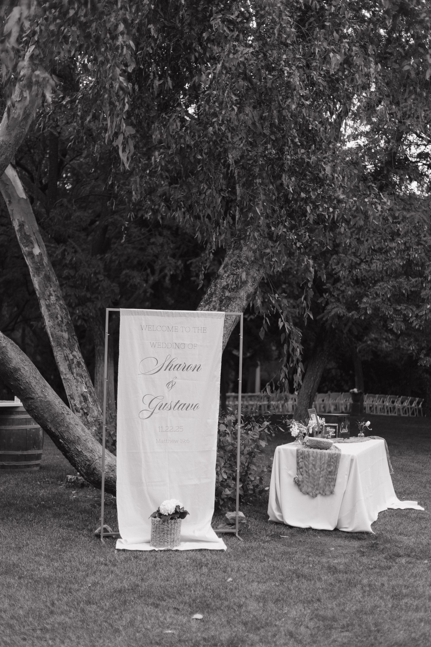 Garden wedding ceremony setup with white fabric backdrops and elegant signage.