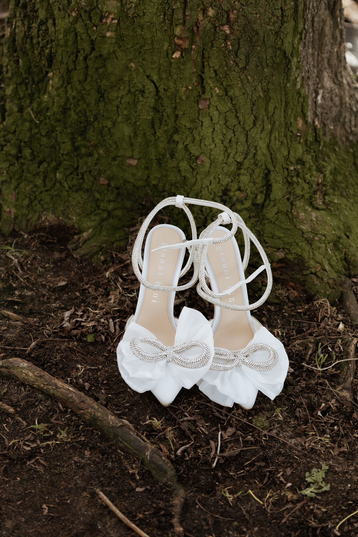 White bridal shoes with bows placed on mossy tree trunk in natural setting.